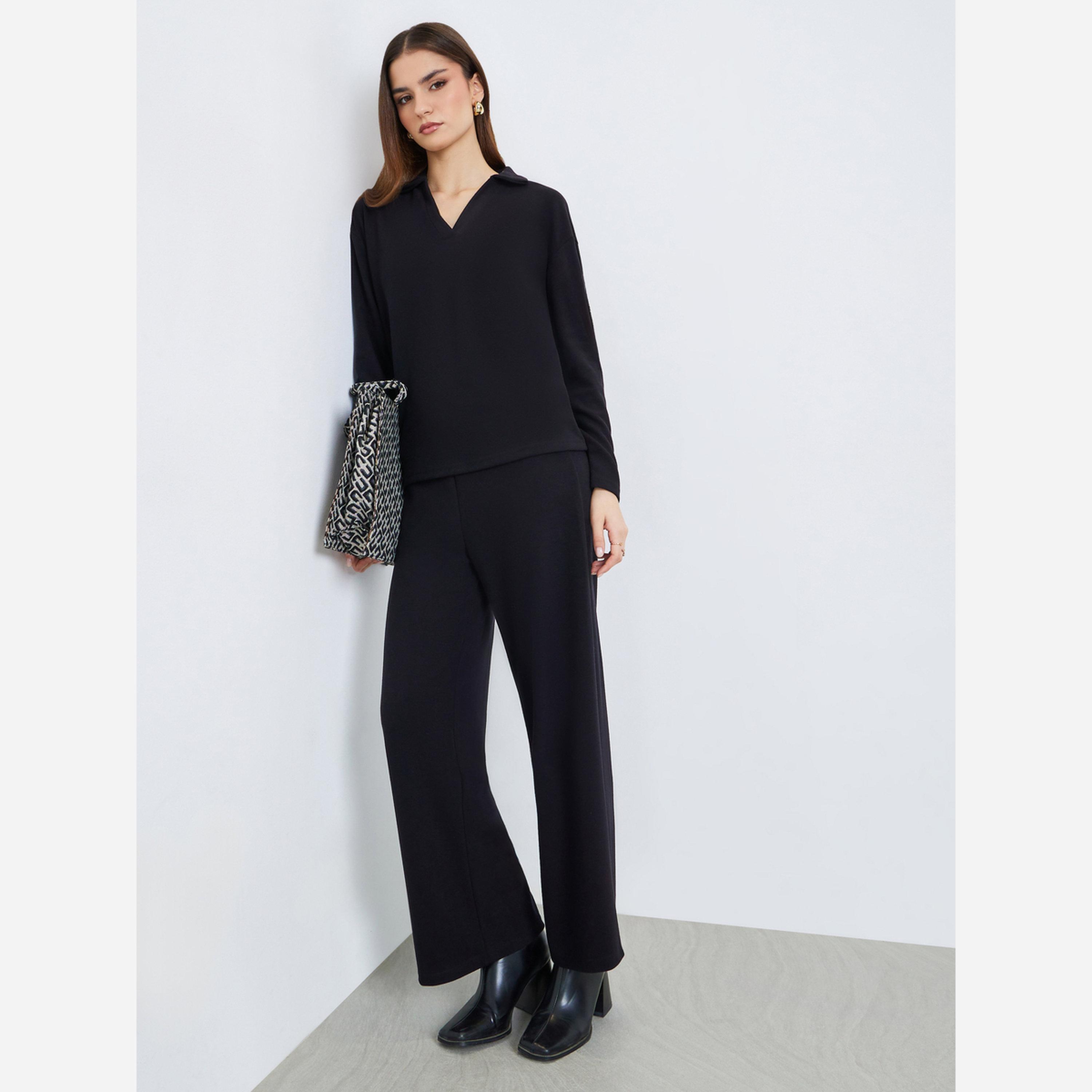 Styli Women Black Open Collar Knit Top and Pants Co-ords-women-clothing-coordsets-image-1