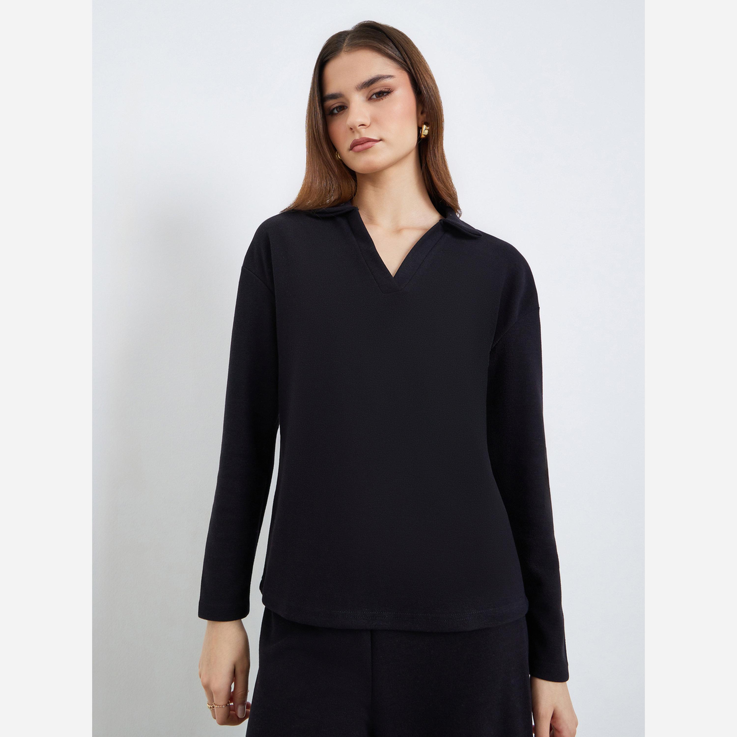 Styli Women Black Open Collar Knit Top and Pants Co-ords-women-clothing-coordsets-image-2