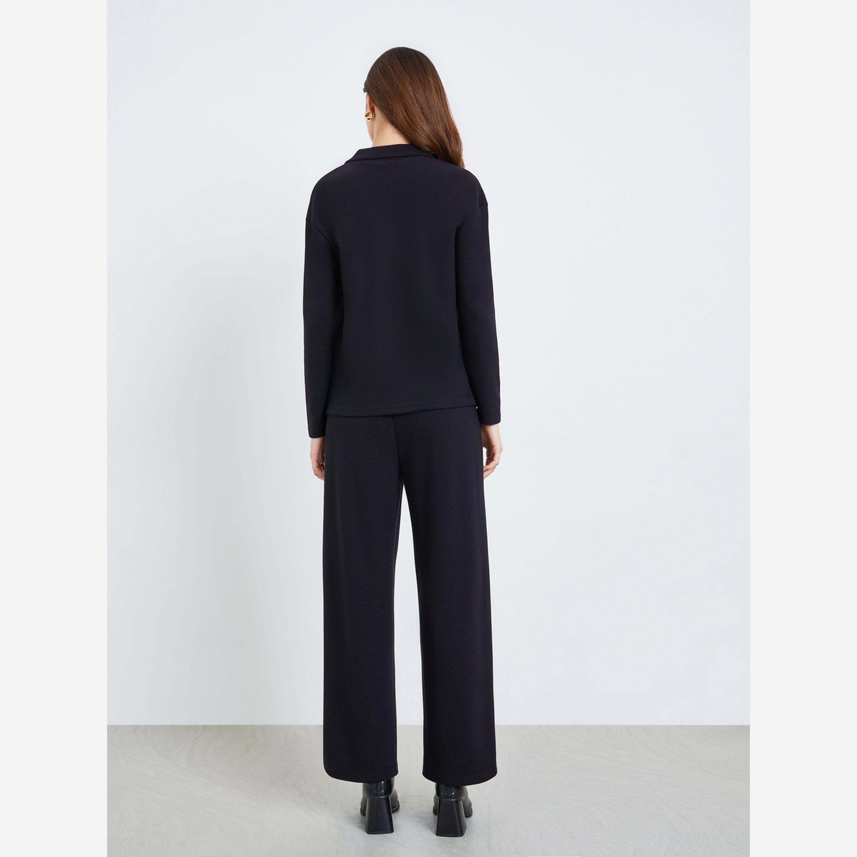 Styli Women Black Open Collar Knit Top and Pants Co-ords-women-clothing-coordsets-image-5