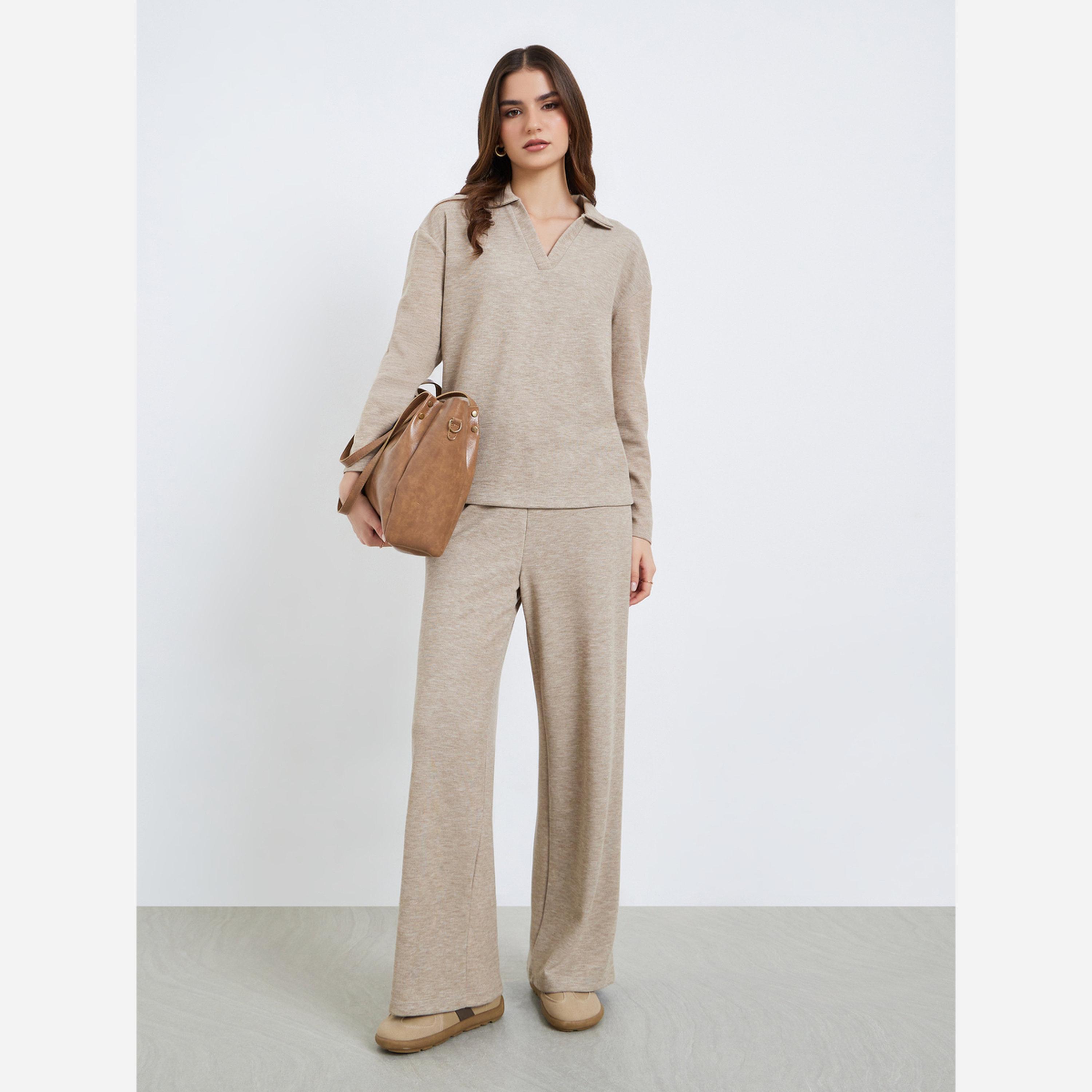 Styli Women Beige Open Collar Knit Top and Pants Co-ords-women-clothing-coordsets-image-1