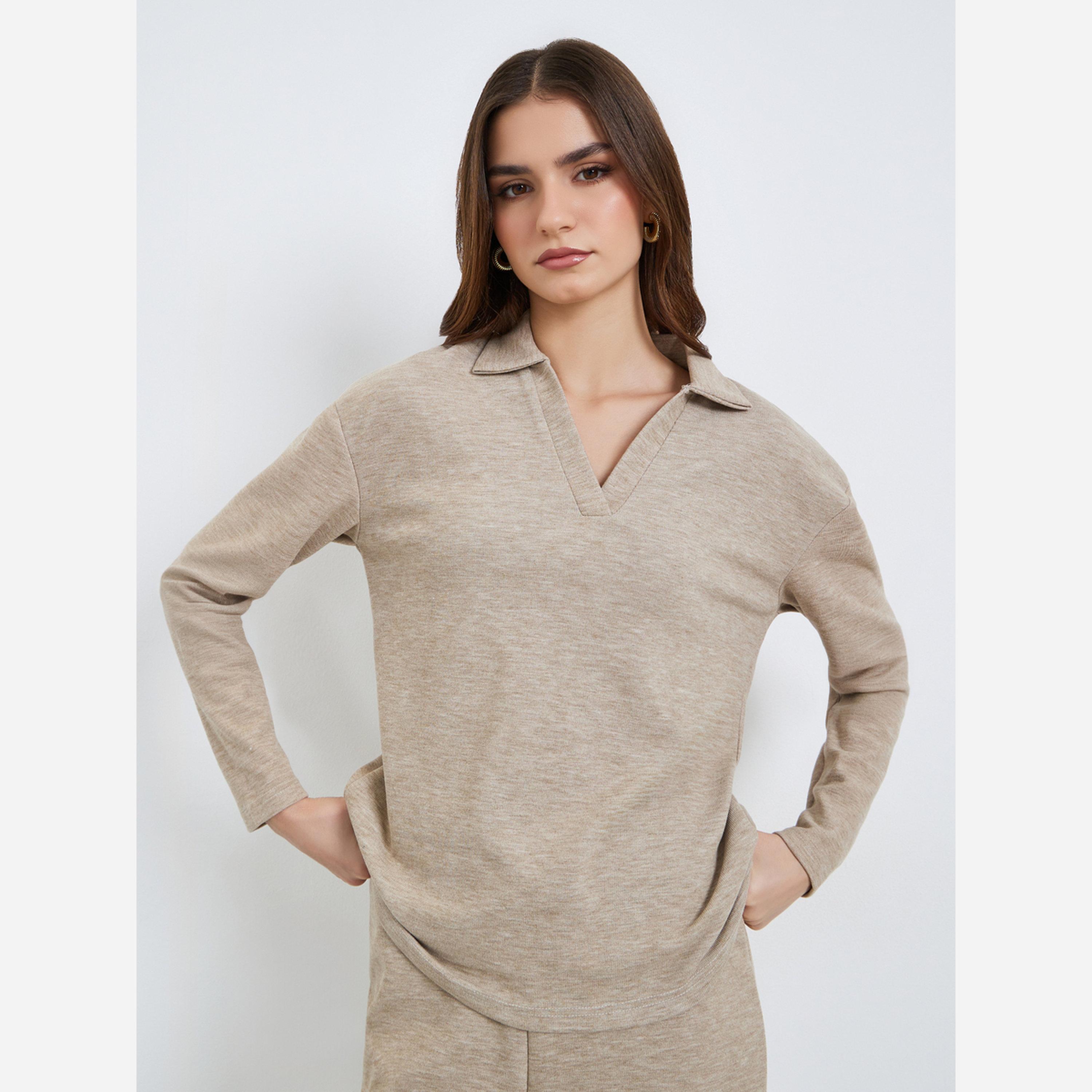 Styli Women Beige Open Collar Knit Top and Pants Co-ords-women-clothing-coordsets-image-2