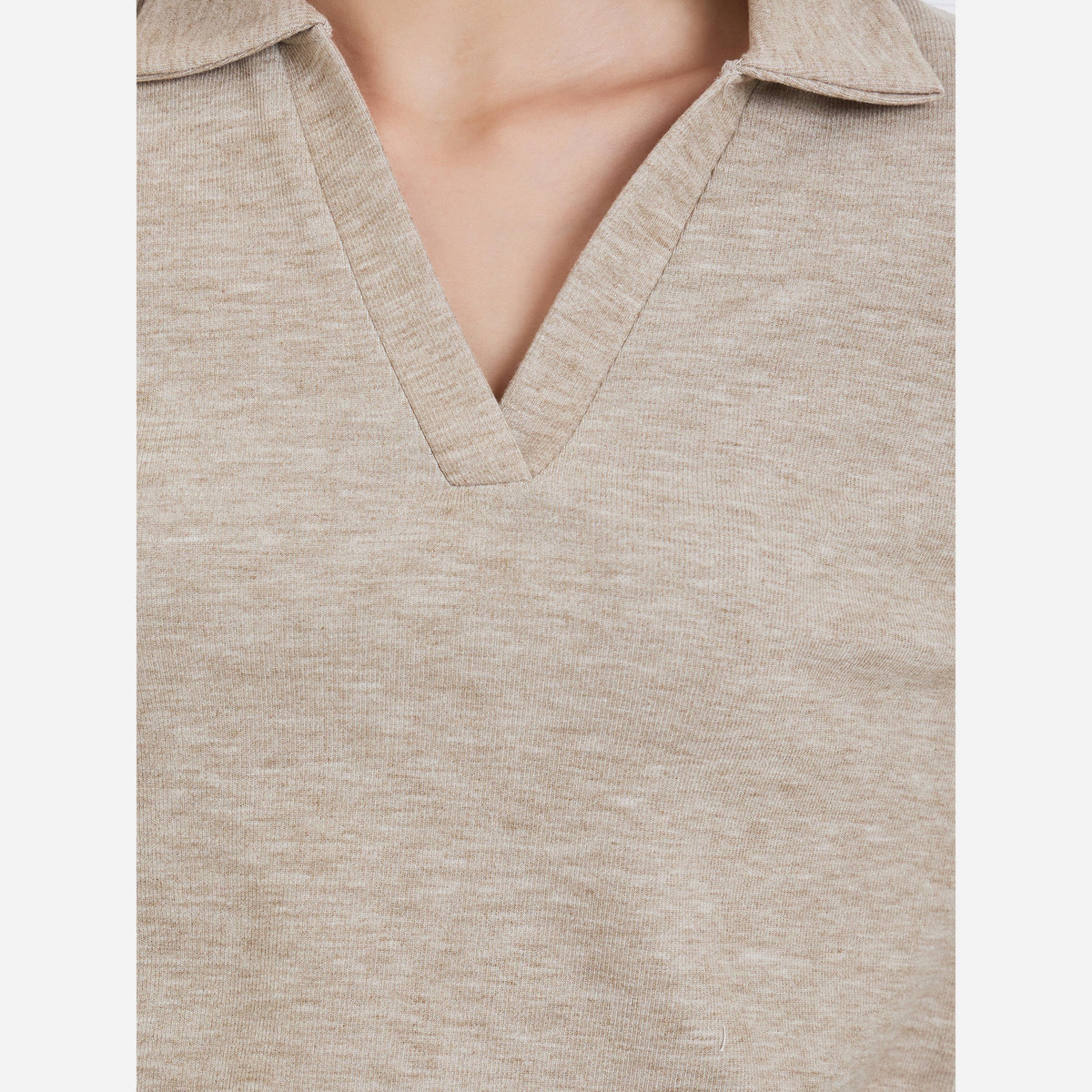 Styli Women Beige Open Collar Knit Top and Pants Co-ords-women-clothing-coordsets-image-3