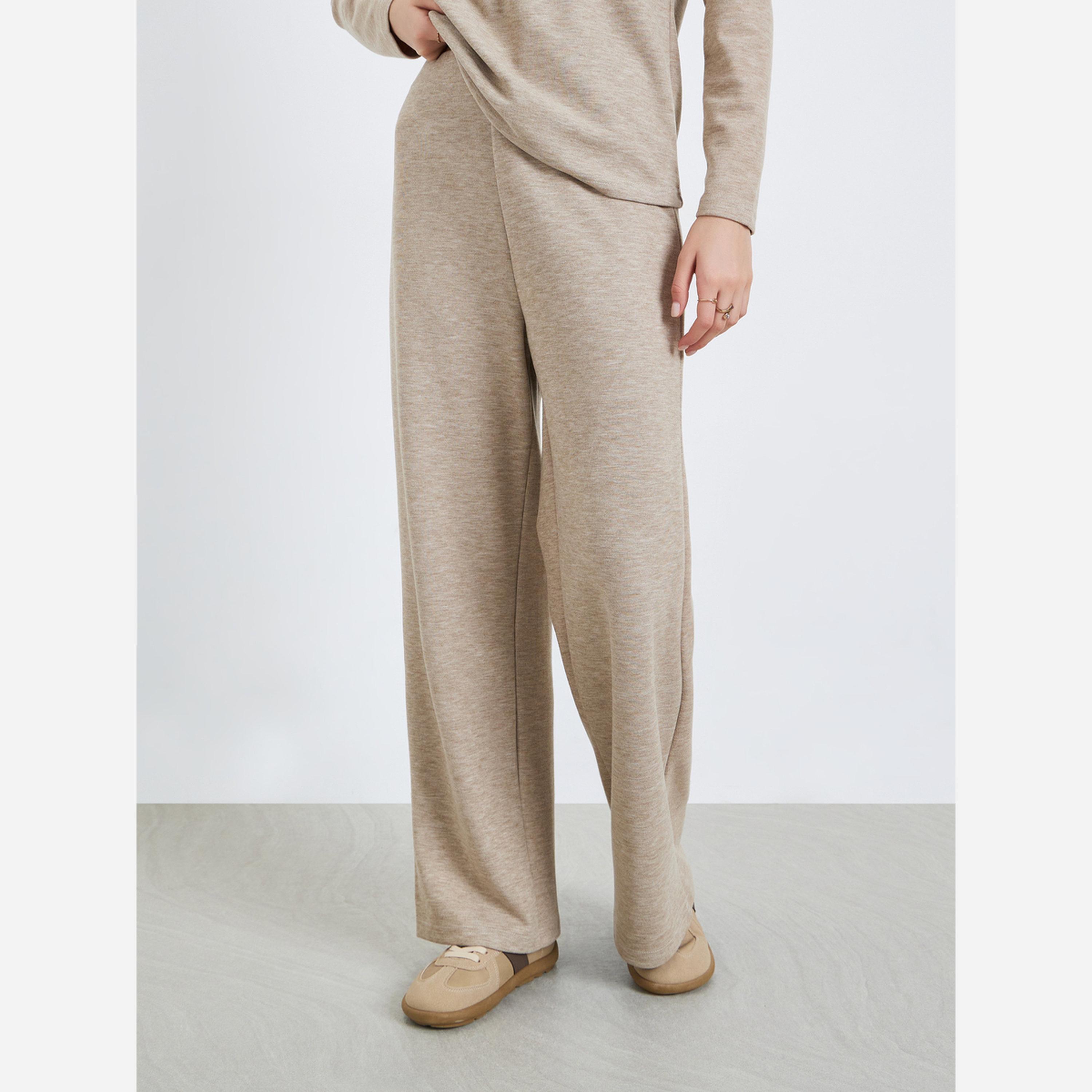 Styli Women Beige Open Collar Knit Top and Pants Co-ords-women-clothing-coordsets-image-4