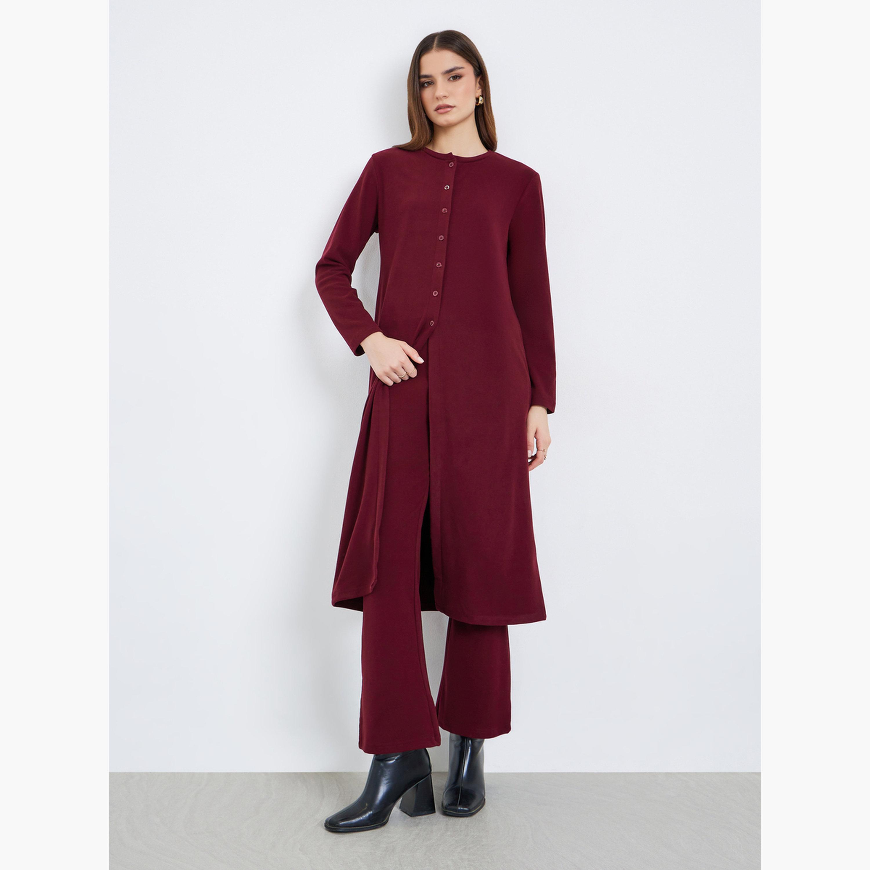 طقم منسق من بلوزة ميدي بتفاصيل محبوكة وبنطال-women-clothing-coordsets-image-1