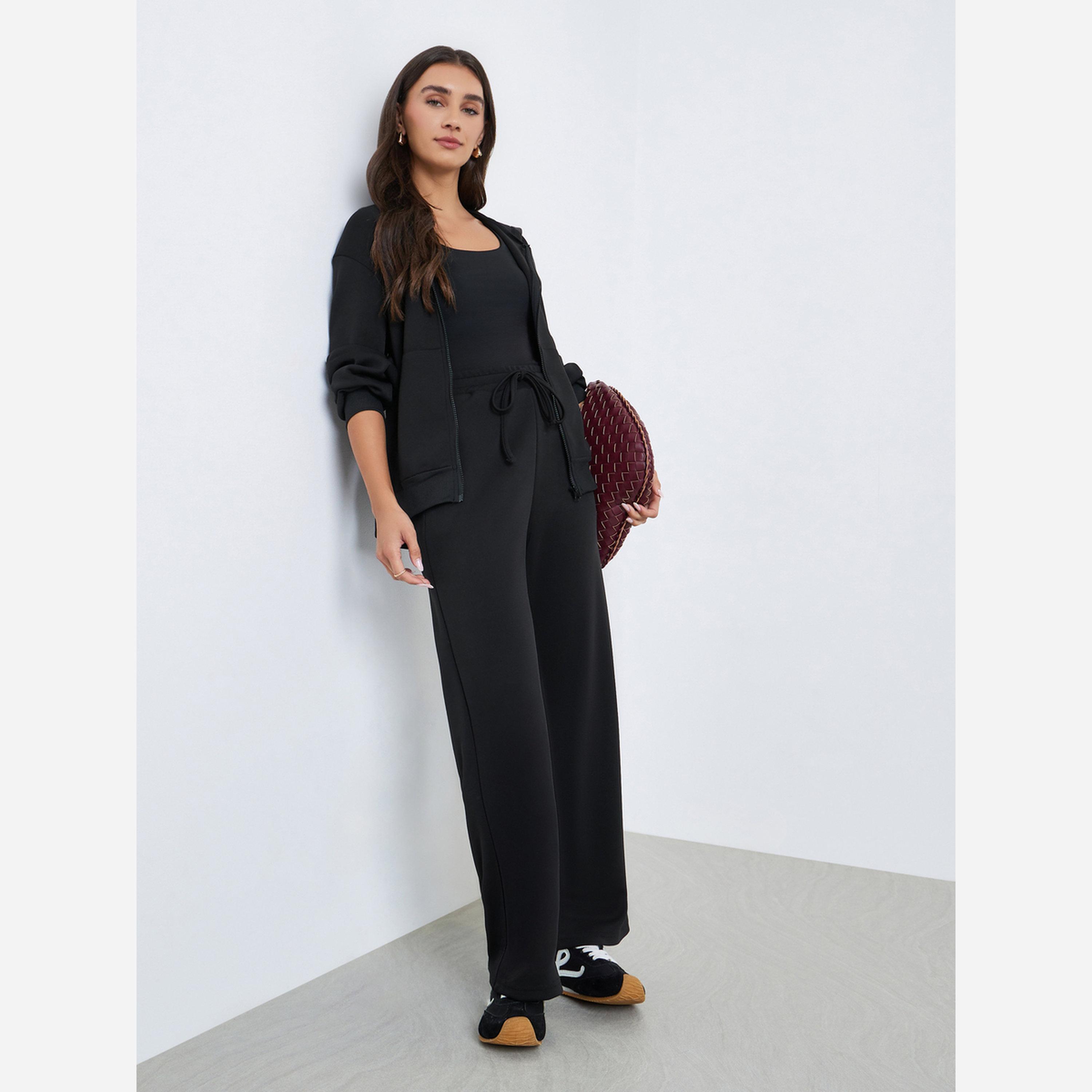 ستايلي - طقم جاكيت بقبعة وبنطال نسائي لون أسود-women-clothing-coordsets-image-1