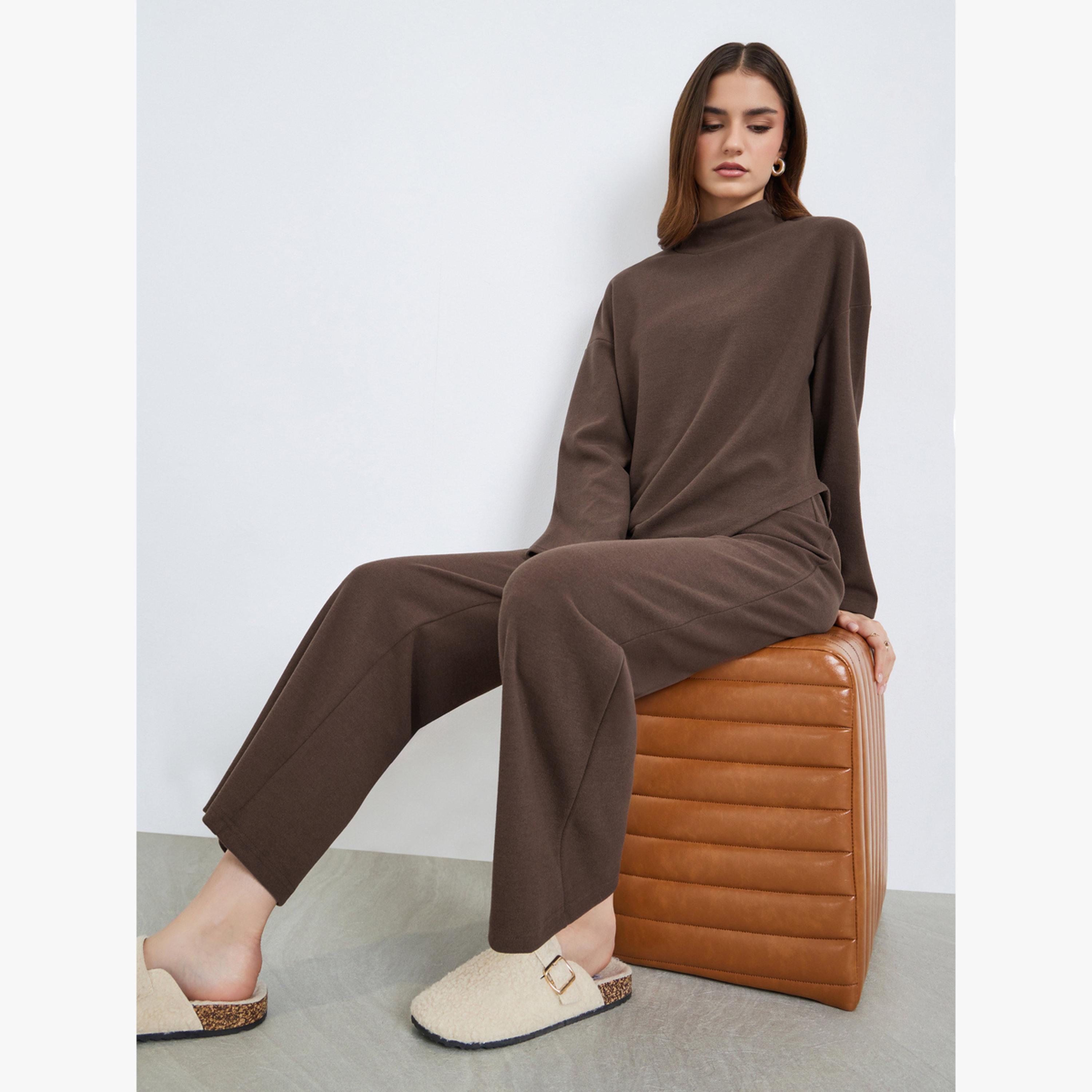 Styli Women Brown Asymmetric Knit Top and Pants Co-Ords-women-clothing-coordsets-image-2