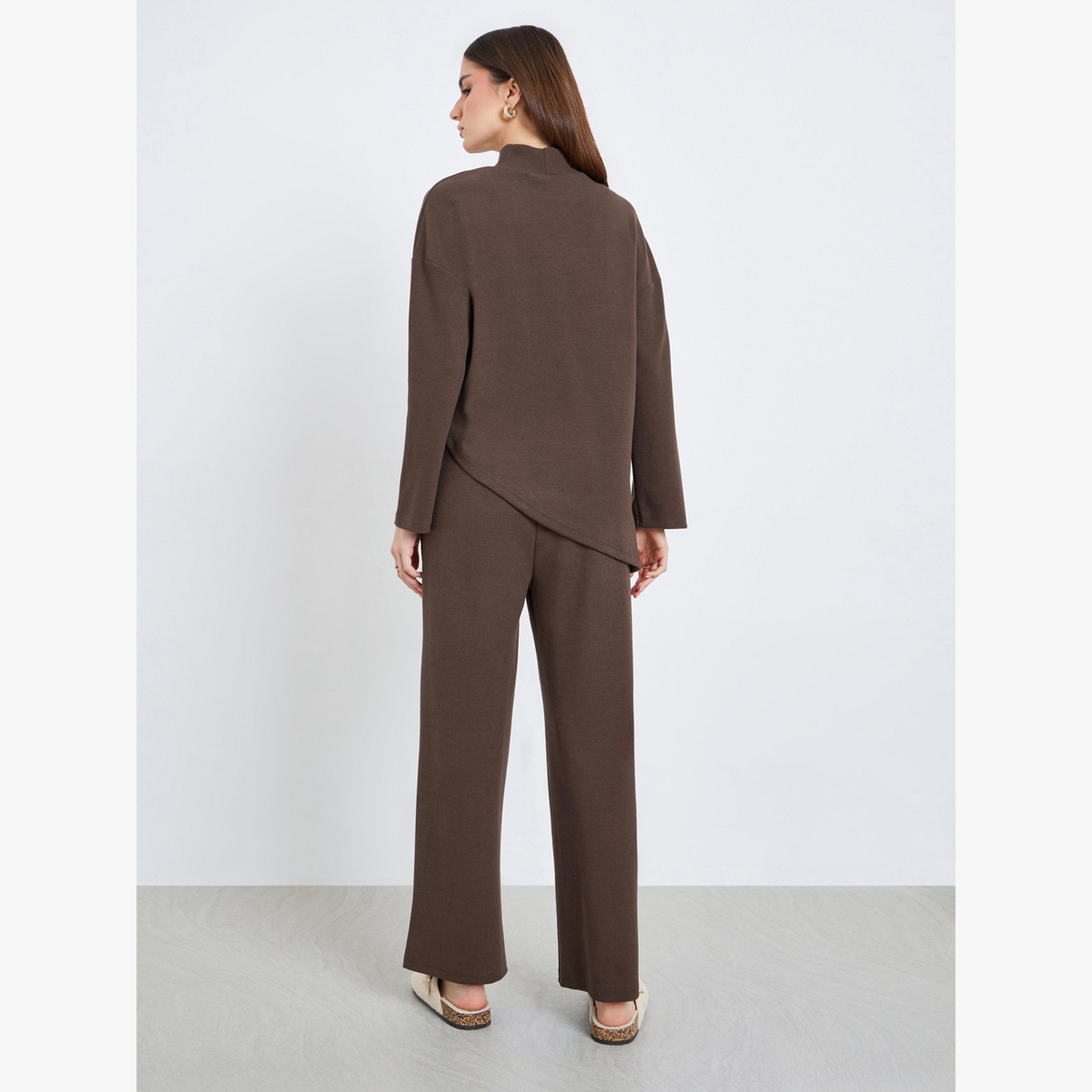 Styli Women Brown Asymmetric Knit Top and Pants Co-Ords-women-clothing-coordsets-image-6