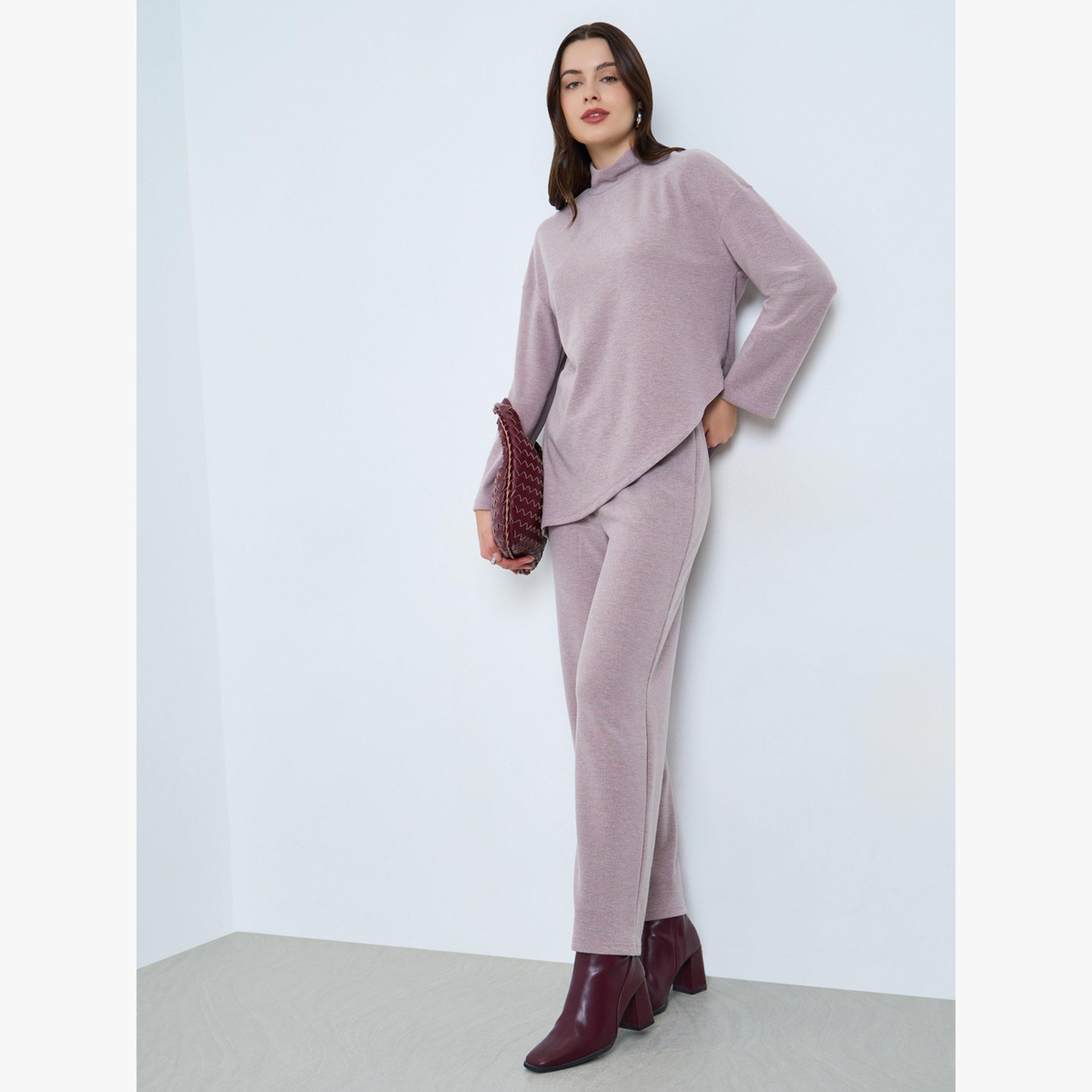 Styli Women Lilac Asymmetric Knit Top and Pants Co-Ords-women-clothing-coordsets-image-1