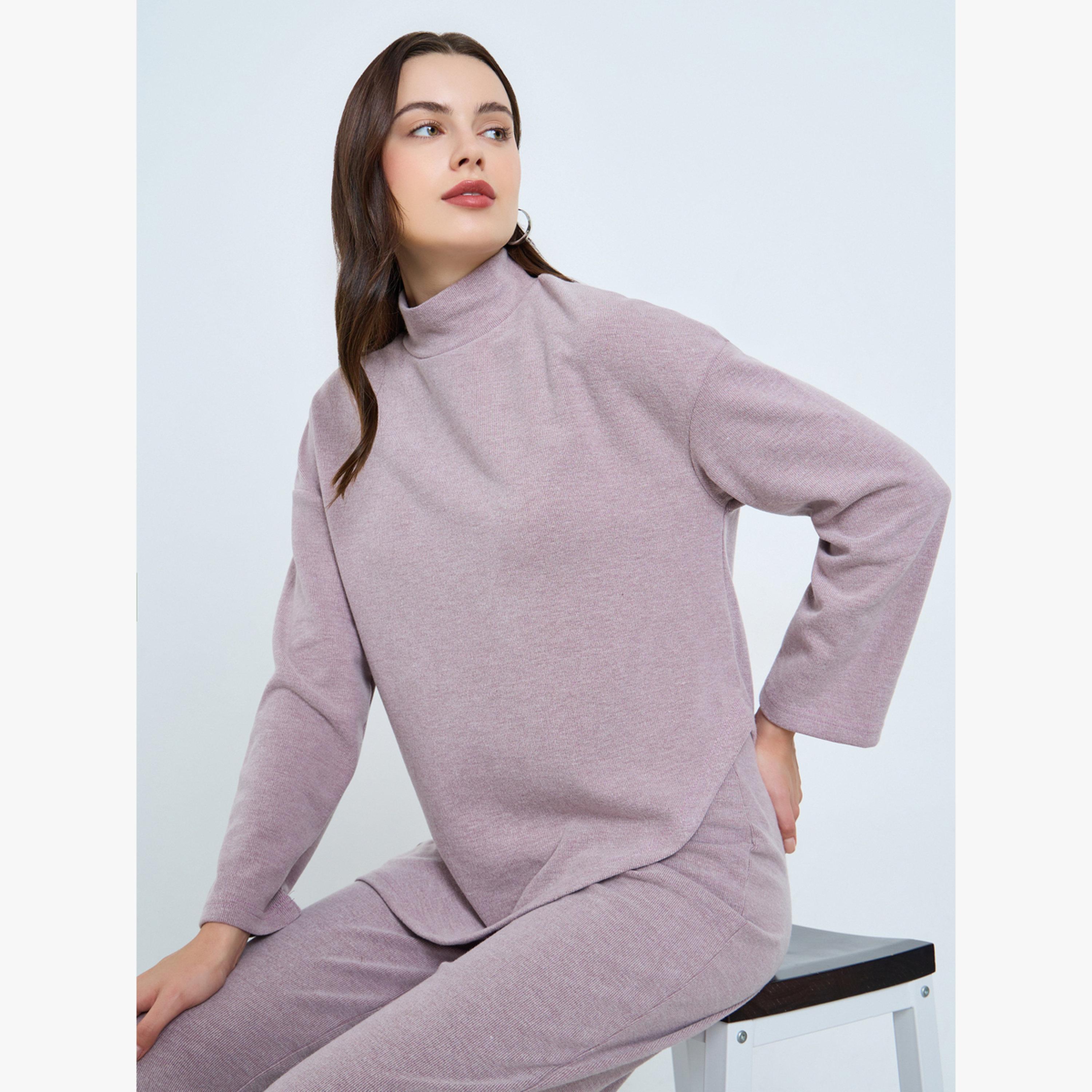 Styli Women Lilac Asymmetric Knit Top and Pants Co-Ords-women-clothing-coordsets-image-2