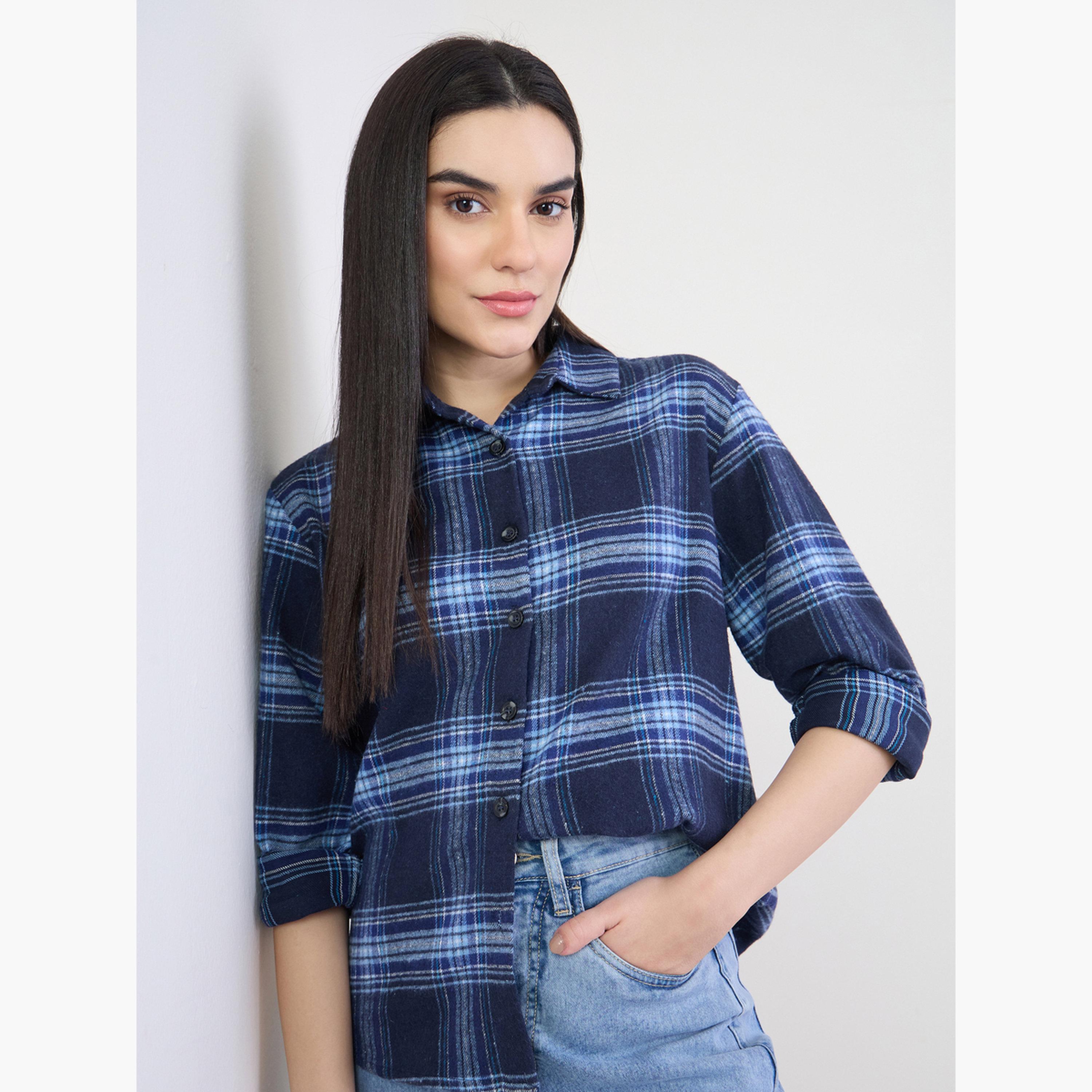 Styli Blue Plaid Flannel 100% Cotton Shirt-women-clothing-shirtsandblouses-shirts-image-3