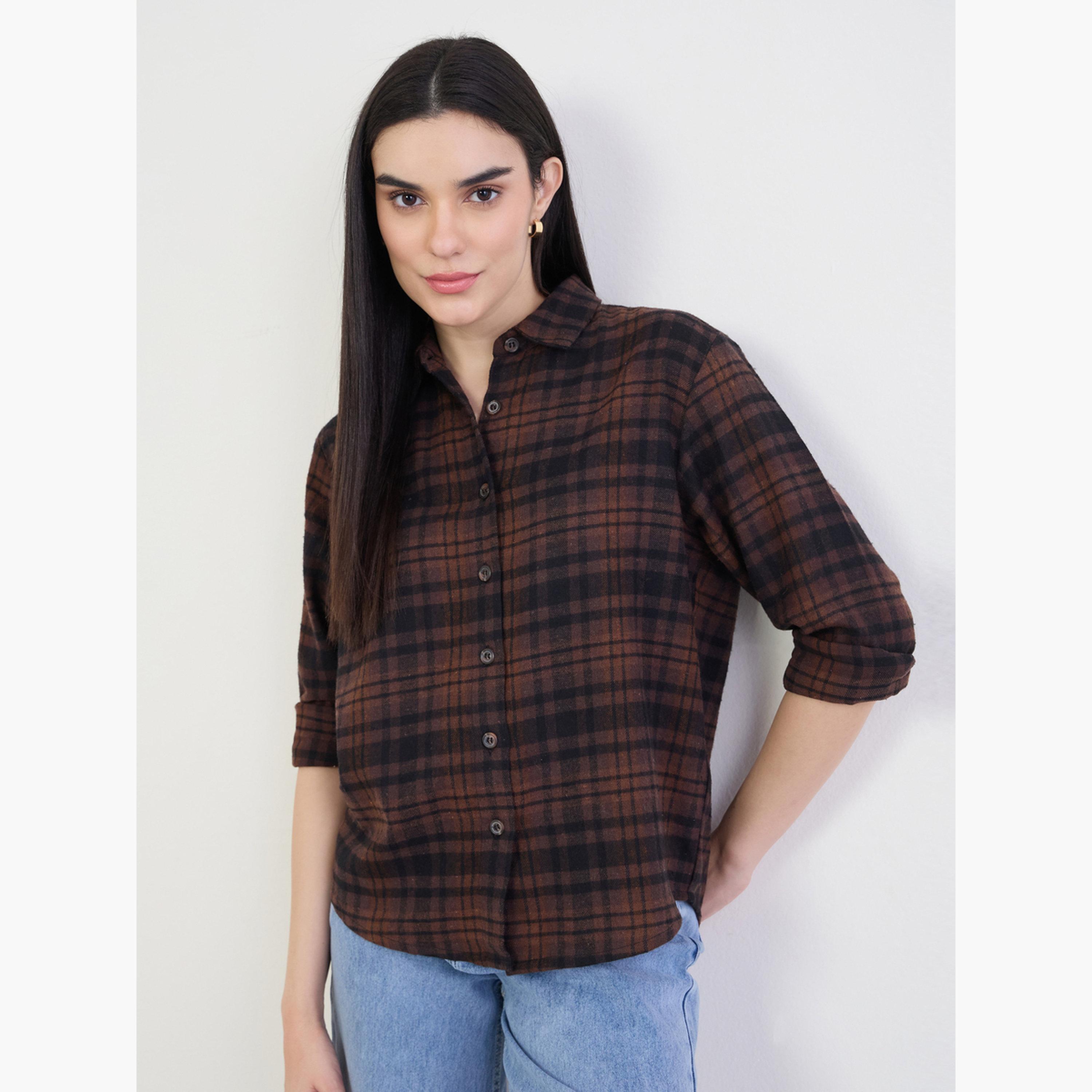 Styli Brown Plaid Flannel 100% Cotton Shirt-women-clothing-shirtsandblouses-shirts-image-1