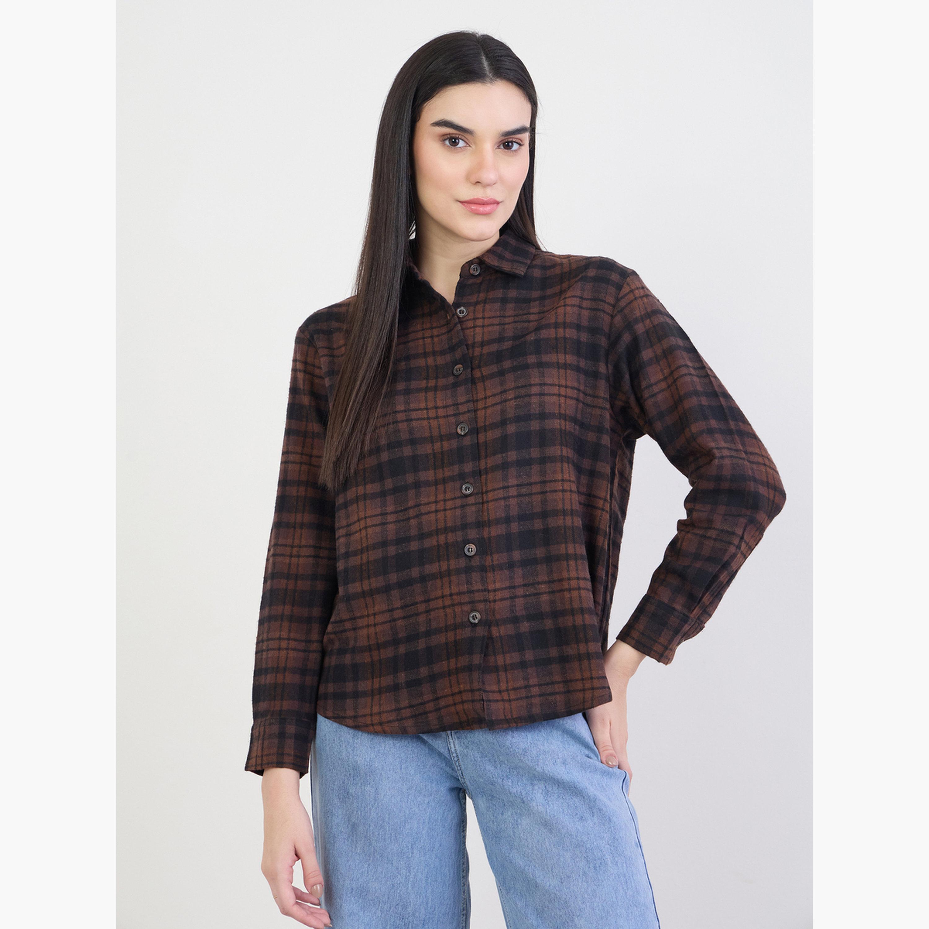 Styli Brown Plaid Flannel 100% Cotton Shirt-women-clothing-shirtsandblouses-shirts-image-5
