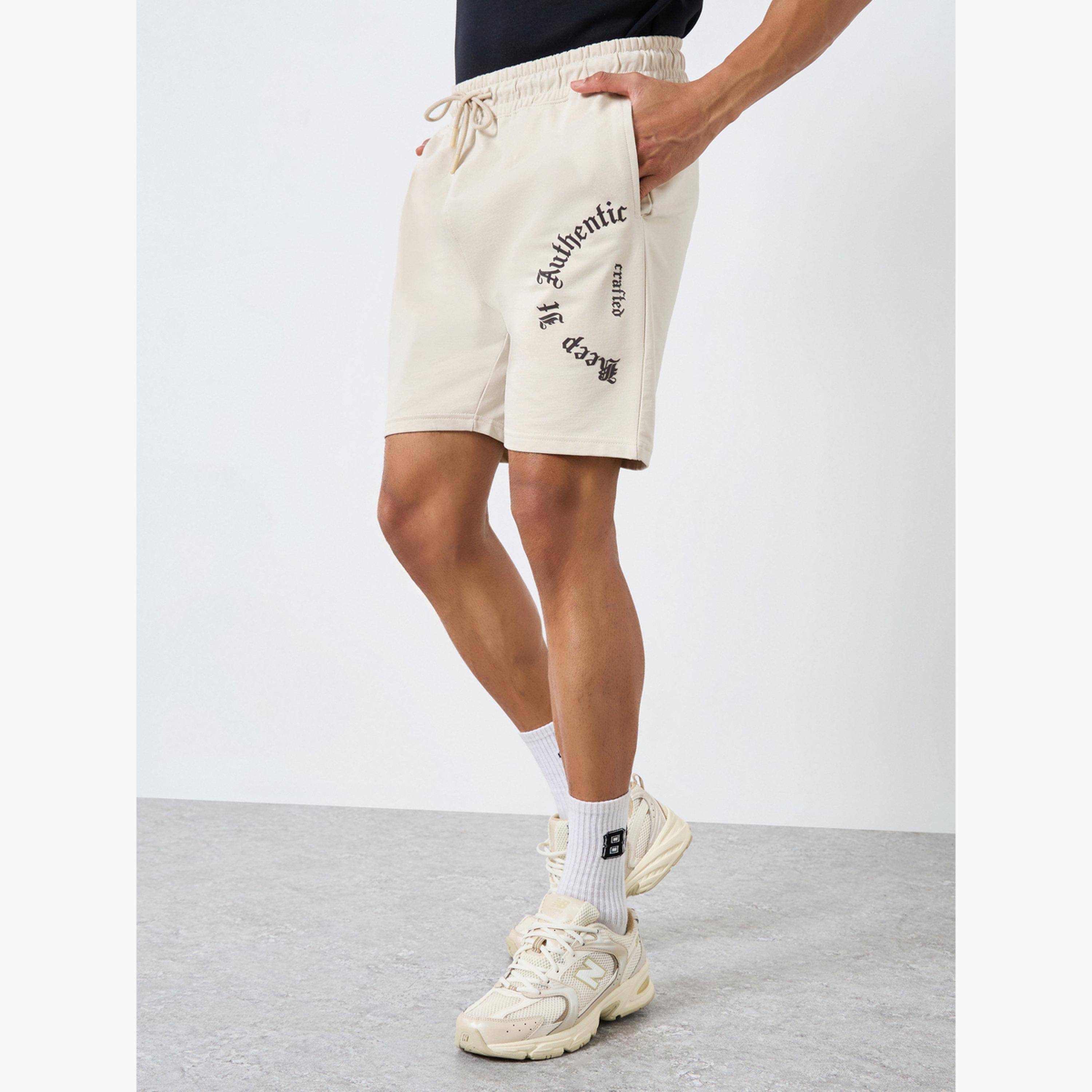 Styli Men Beige Slogan Print Regular Fit Shorts-men-clothing-bottoms-shorts-image-1
