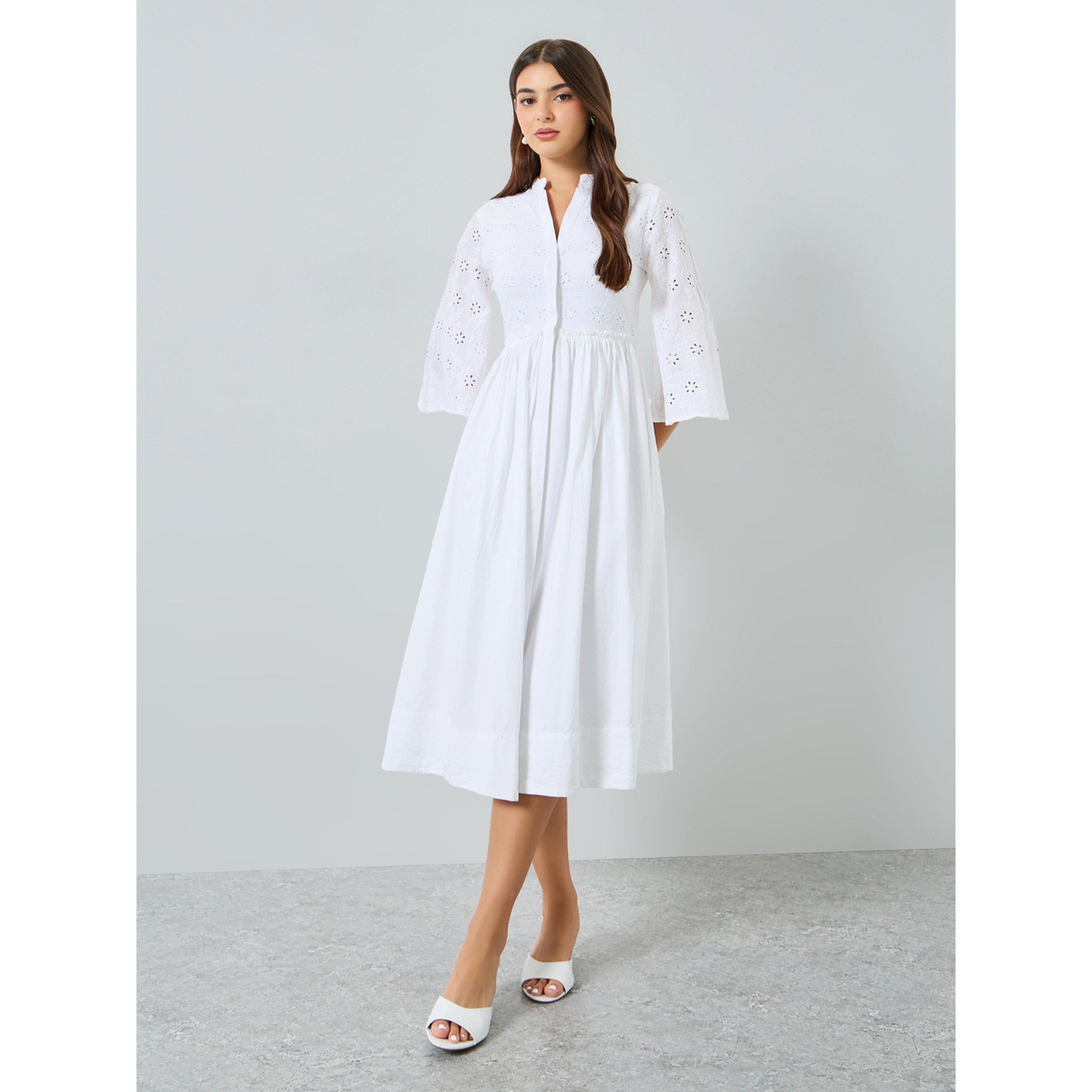 فستان ميدي بحافة واسعة بتفاصيل شيفلي للنساء-women-clothing-dresses-image-1