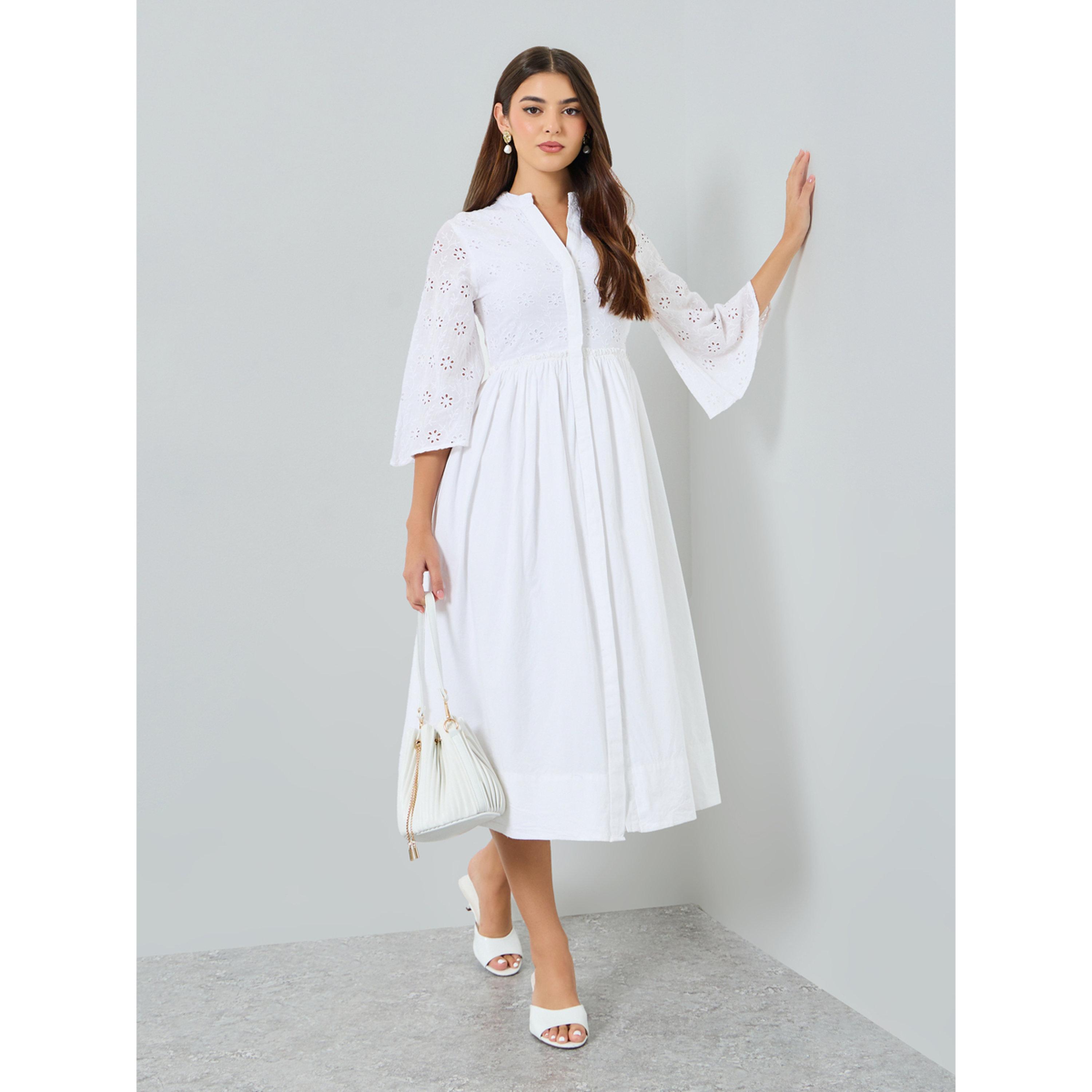 فستان ميدي بحافة واسعة بتفاصيل شيفلي للنساء-women-clothing-dresses-image-2