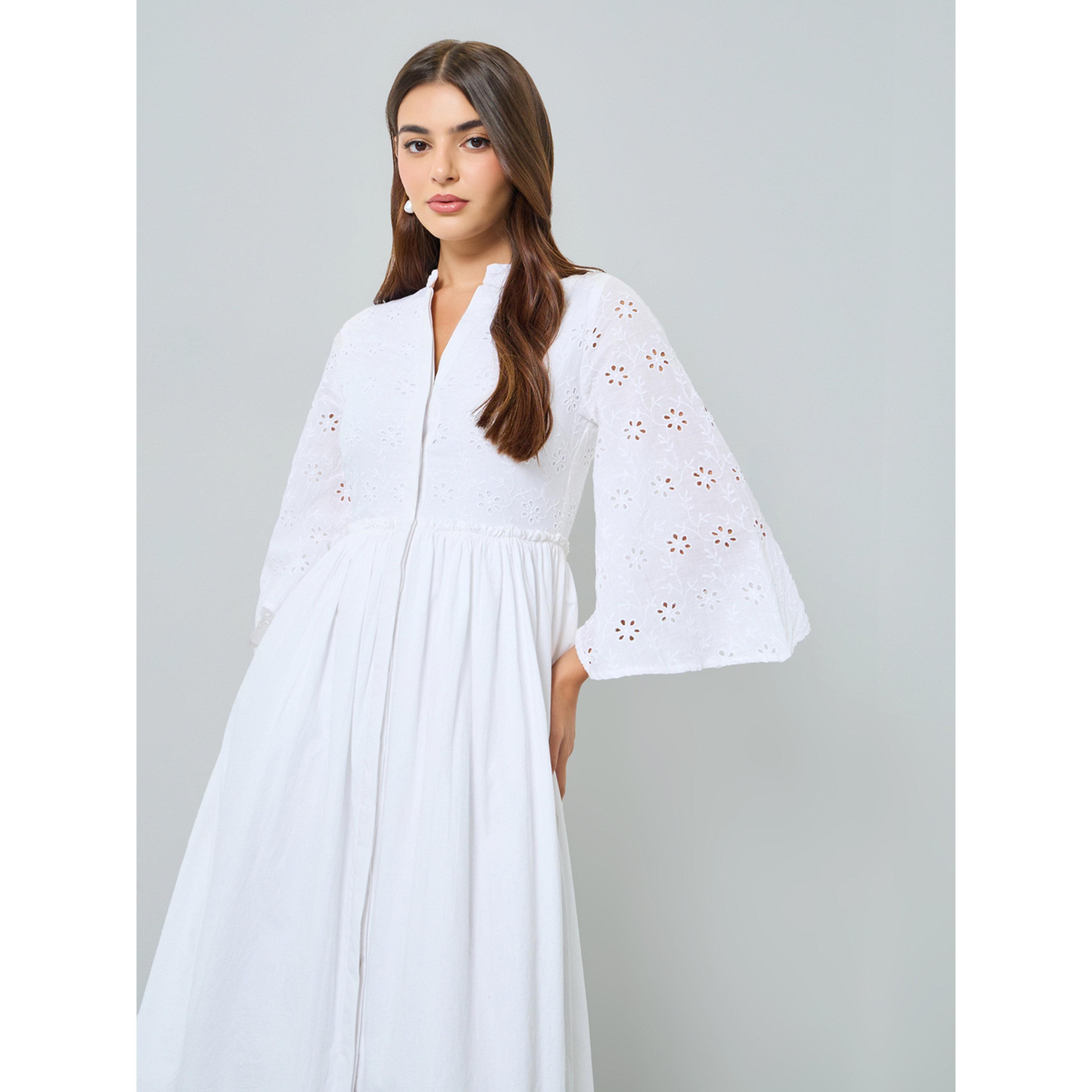 فستان ميدي بحافة واسعة بتفاصيل شيفلي للنساء-women-clothing-dresses-image-3