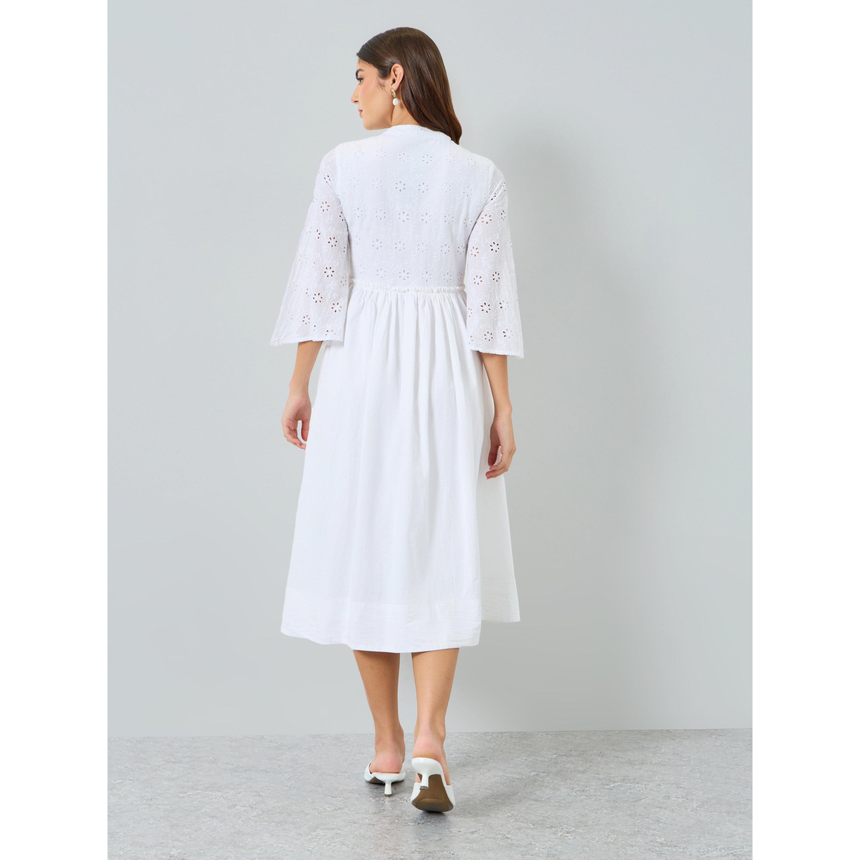 فستان ميدي بحافة واسعة بتفاصيل شيفلي للنساء-women-clothing-dresses-image-4