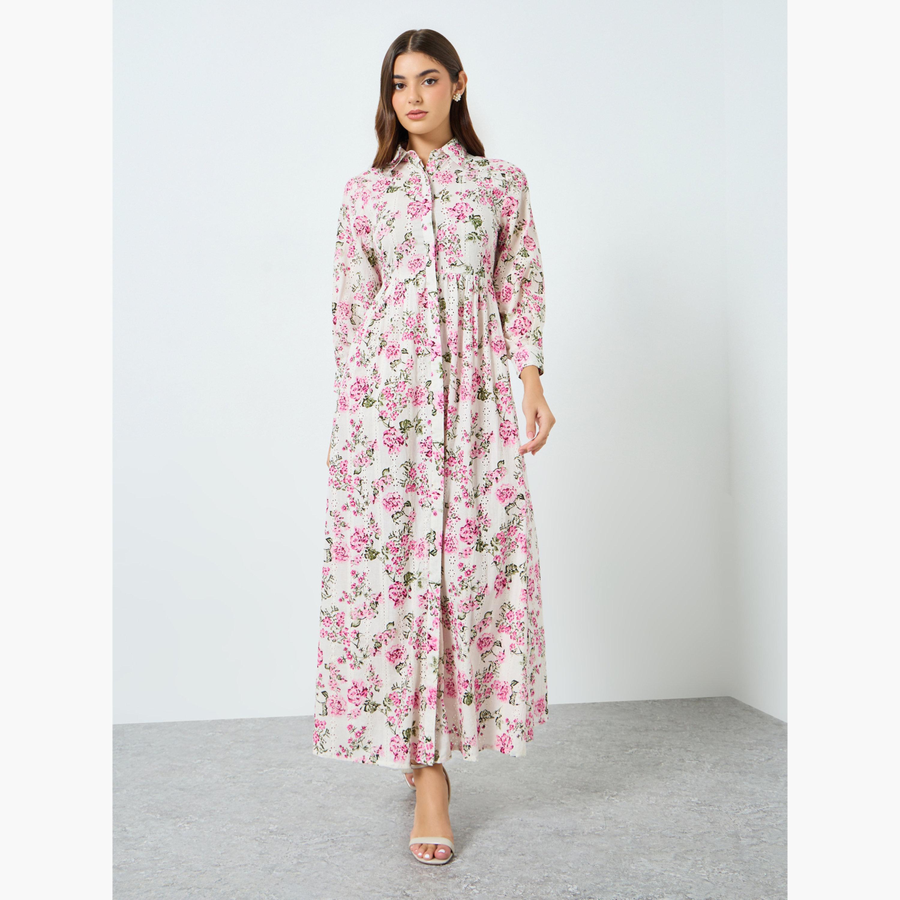 فستان ماكسي بأزرار وطبعة زهور-women-clothing-dresses-image-1
