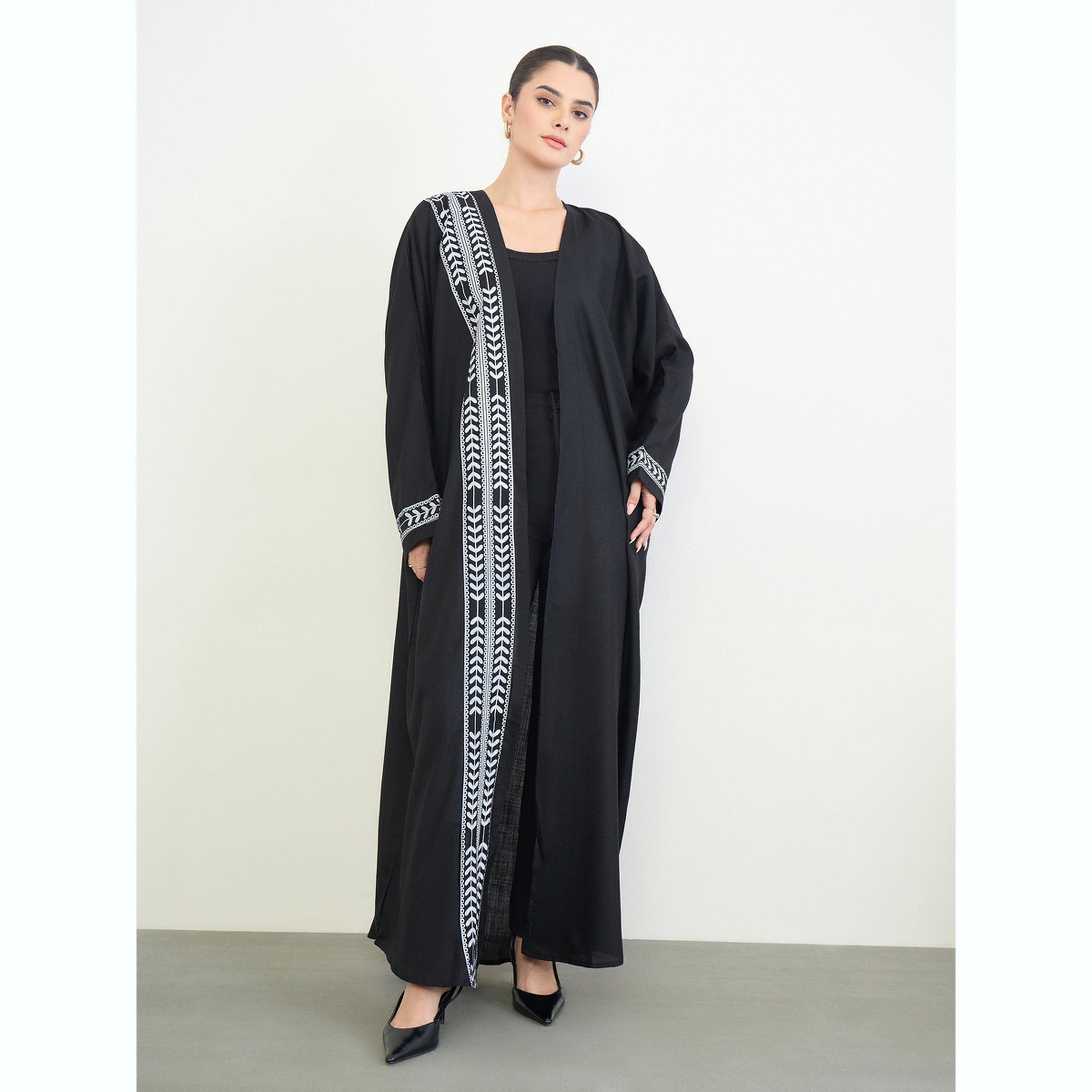 Amirah X Styli Black Printed Open Front A-Line Abaya-women-arabicclothing-abayas-image-1