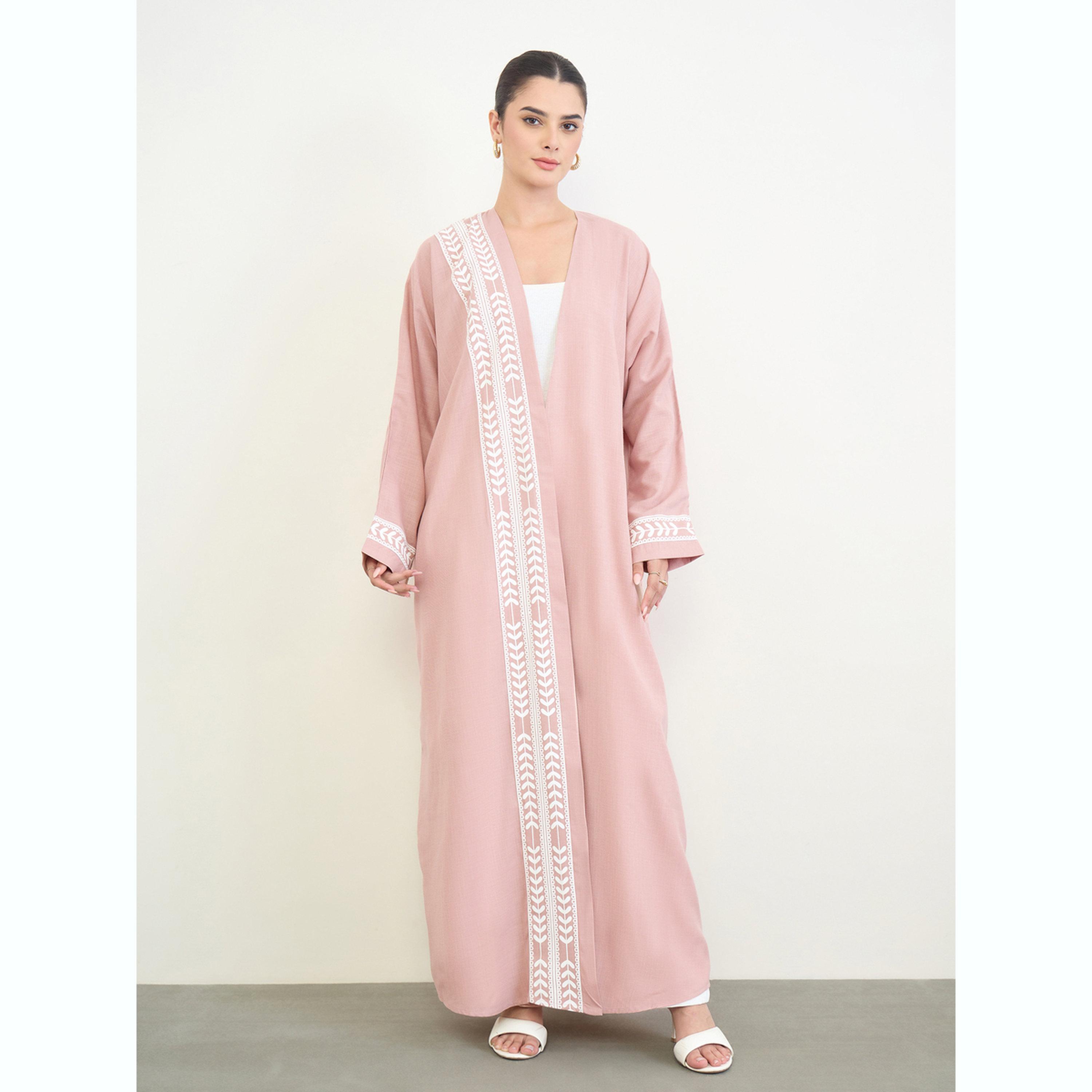 Amirah X Styli Pink Printed Open Front A-Line Abaya-women-arabicclothing-abayas-image-1