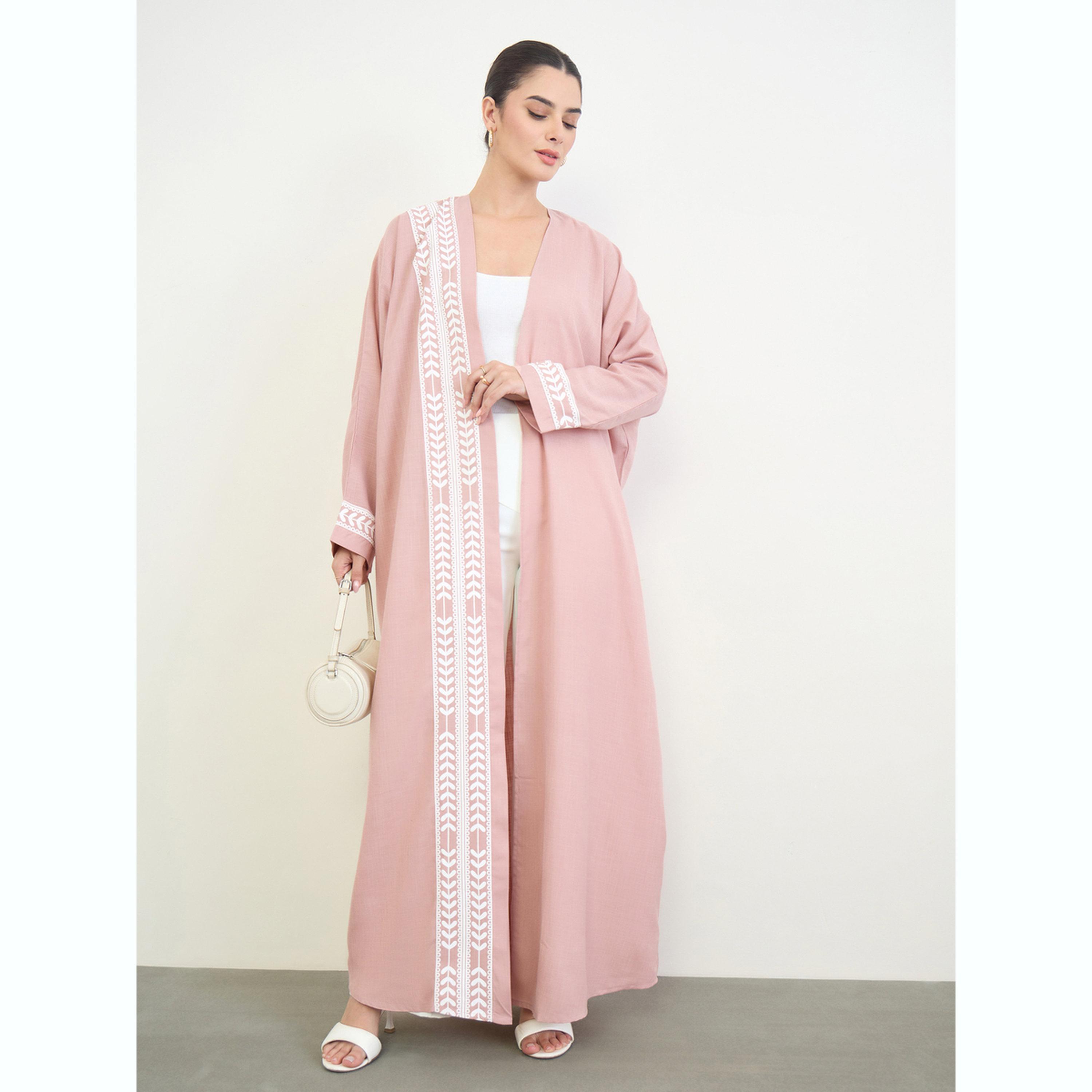 Amirah X Styli Pink Printed Open Front A-Line Abaya-women-arabicclothing-abayas-image-2