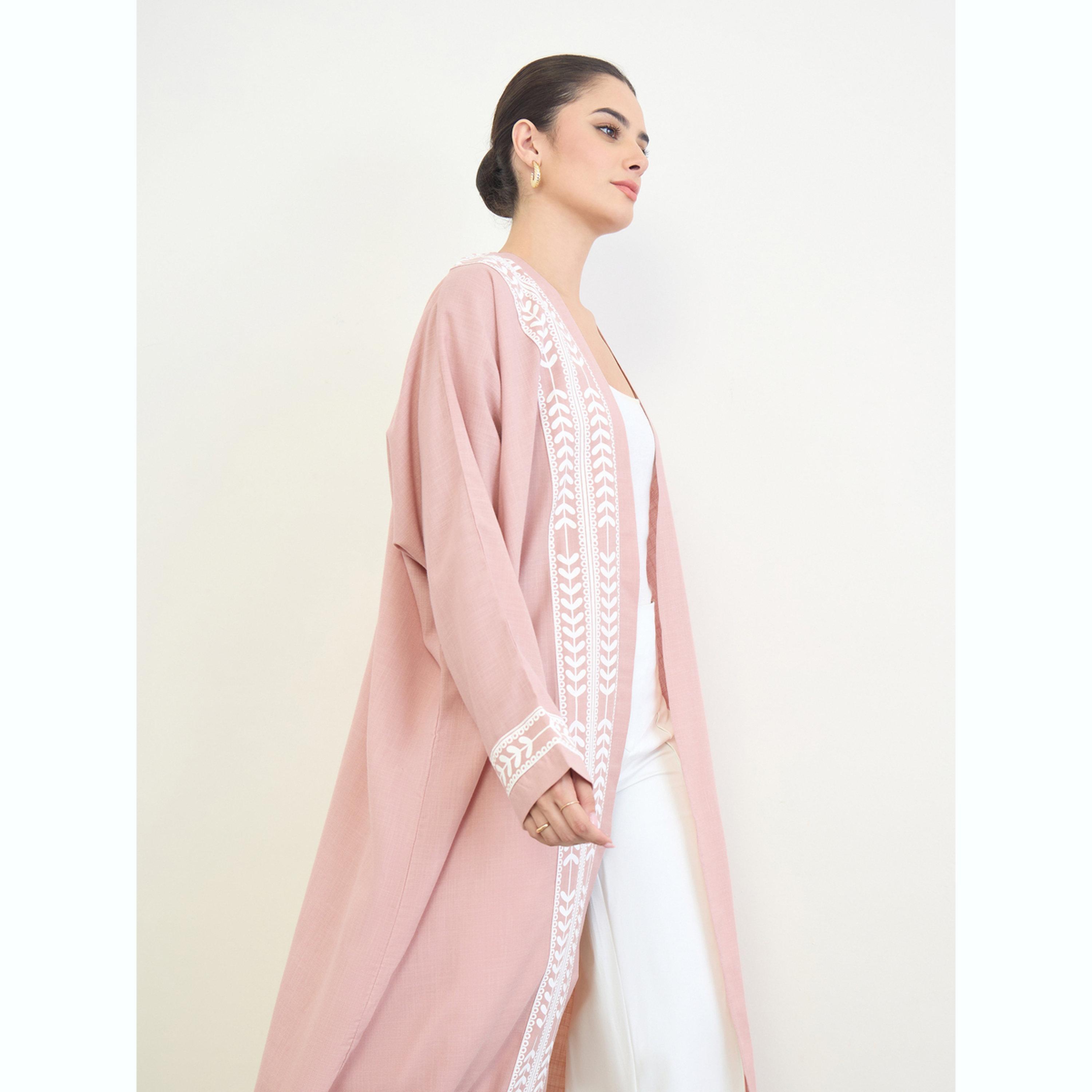 Amirah X Styli Pink Printed Open Front A-Line Abaya-women-arabicclothing-abayas-image-3