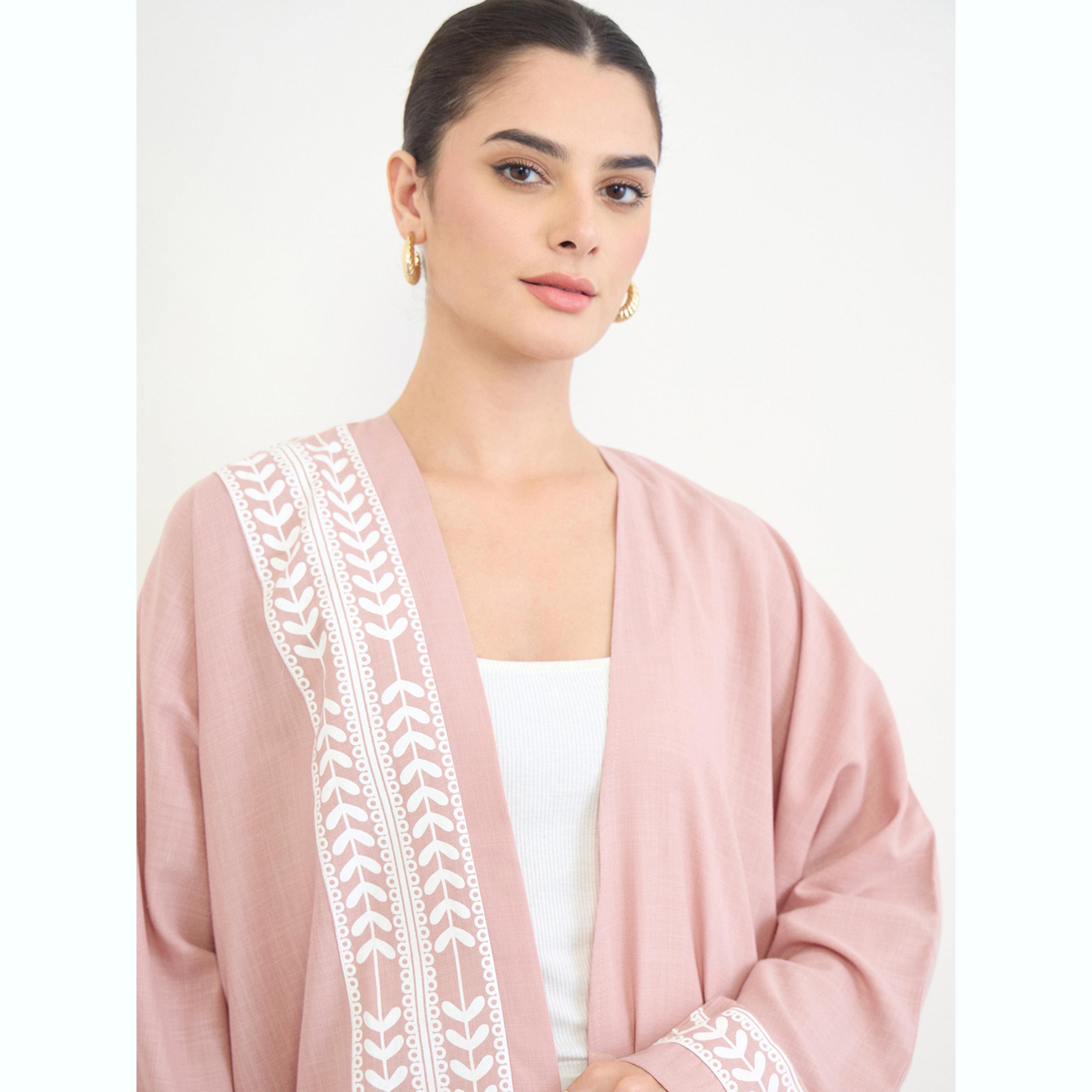 Amirah X Styli Pink Printed Open Front A-Line Abaya-women-arabicclothing-abayas-image-5
