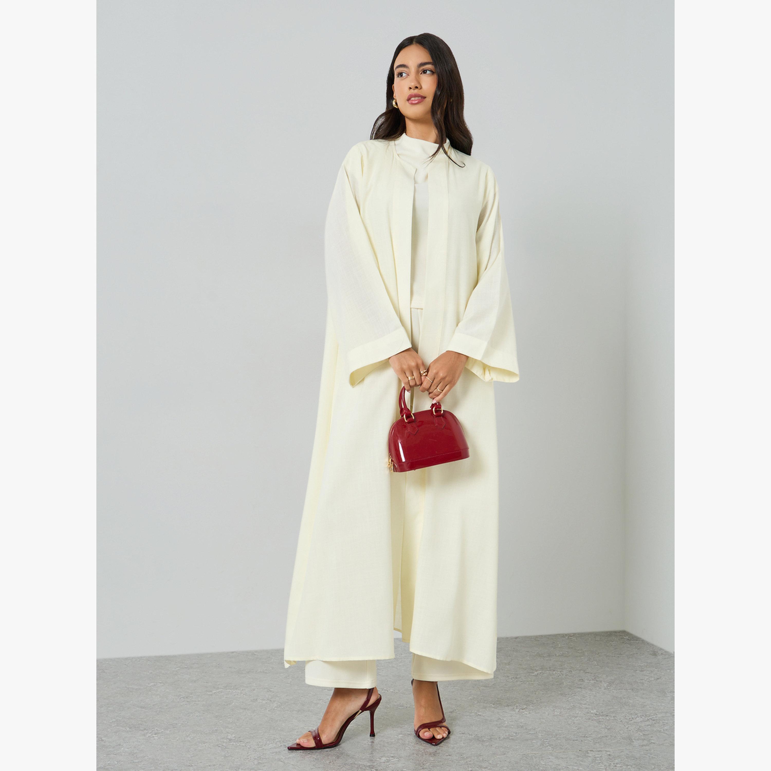 Styli Cream Front Open Solid Abaya-women-arabicclothing-abayas-image-1