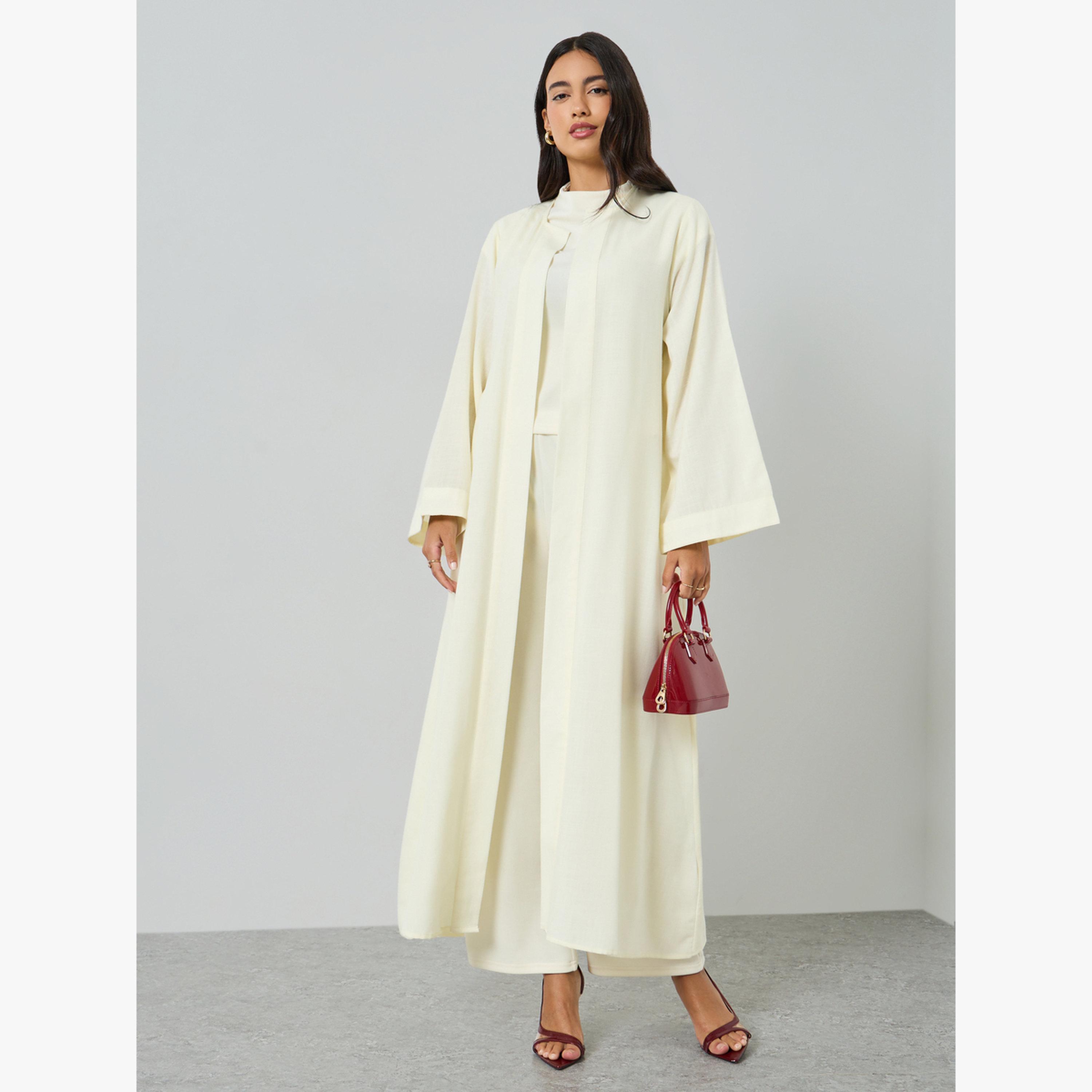 Styli Cream Front Open Solid Abaya-women-arabicclothing-abayas-image-3