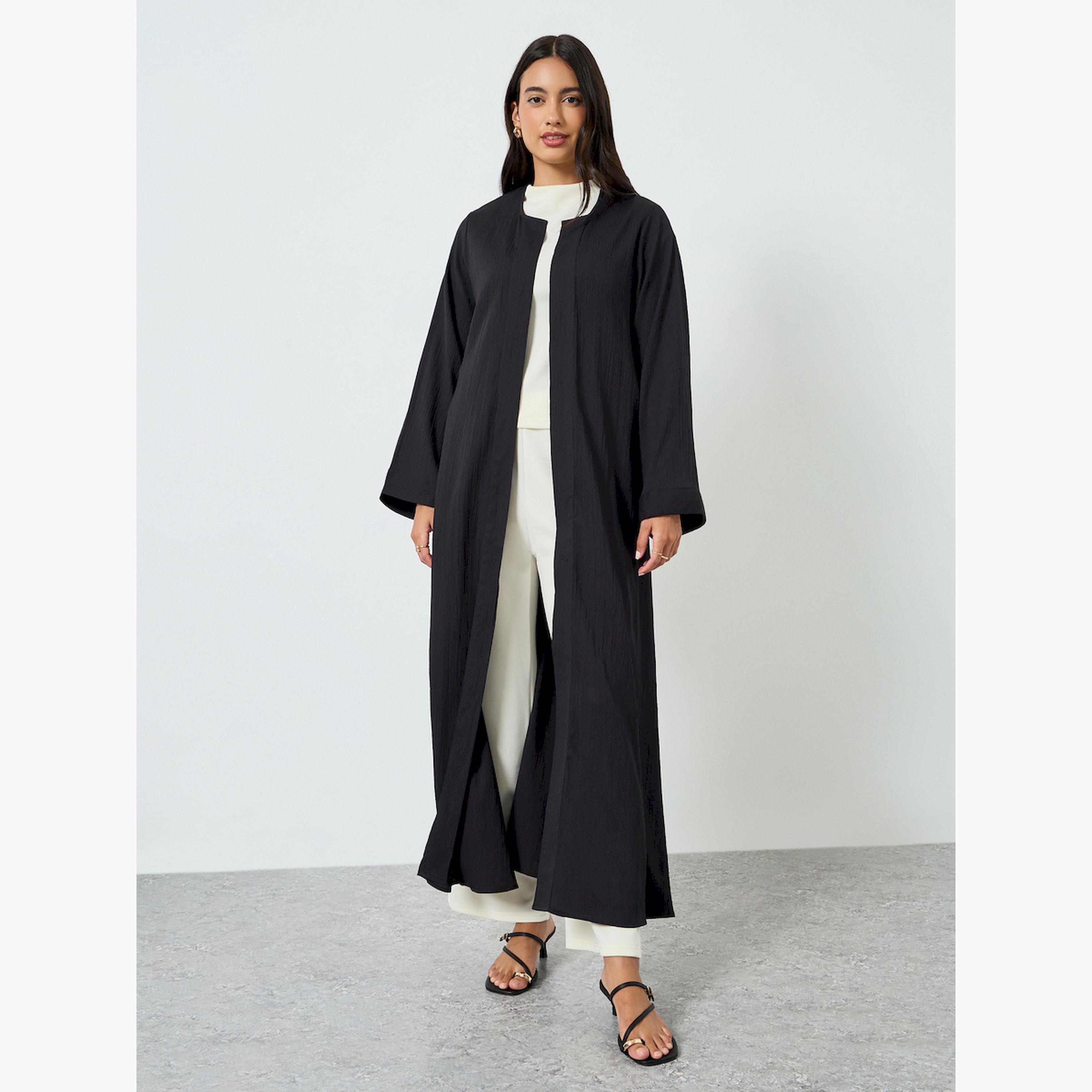 Styli Black Plain Open Front Abaya-women-arabicclothing-abayas-image-1