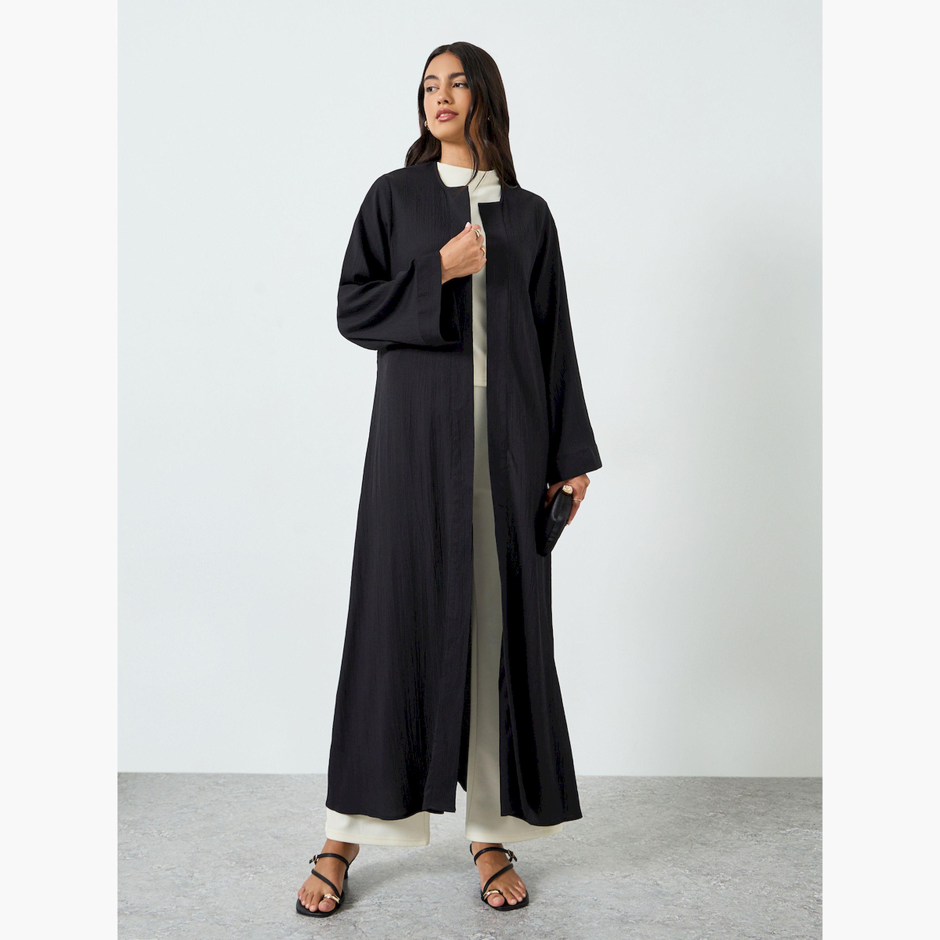 Styli Black Plain Open Front Abaya-women-arabicclothing-abayas-image-2