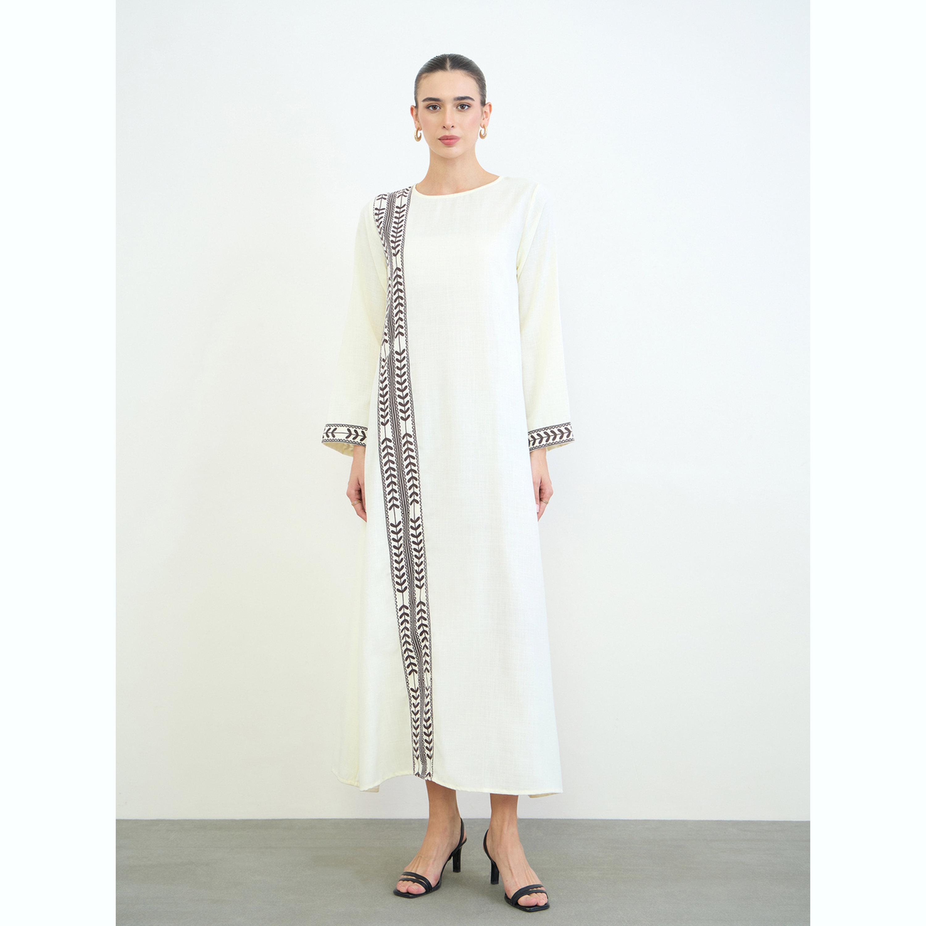 Amirah X Styli Cream Printed Panel Long Sleeves Jalabiya-women-arabicclothing-jalabiyas-image-1