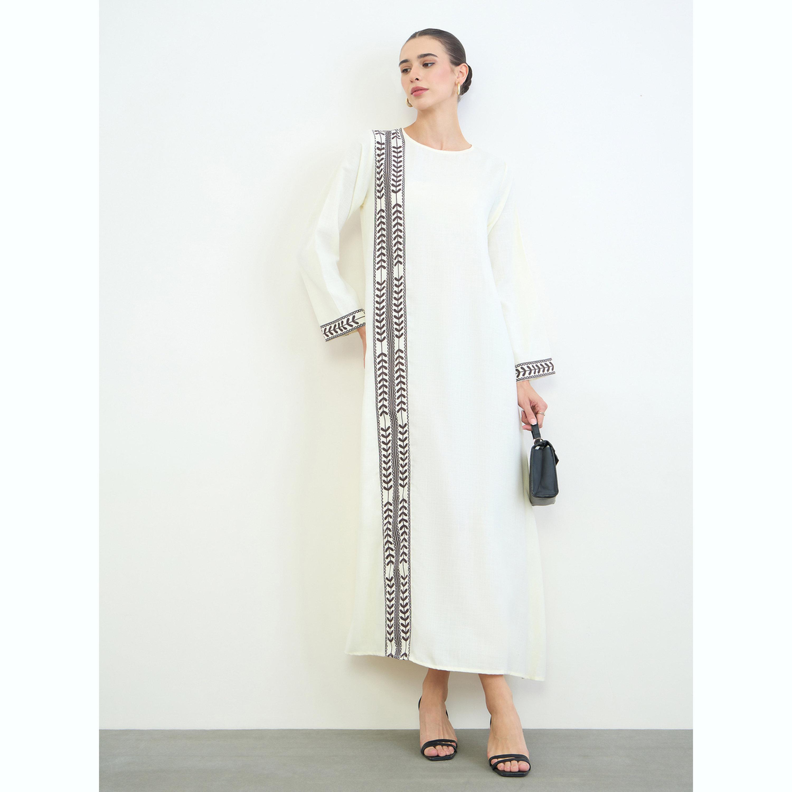 Amirah X Styli Cream Printed Panel Long Sleeves Jalabiya-women-arabicclothing-jalabiyas-image-2