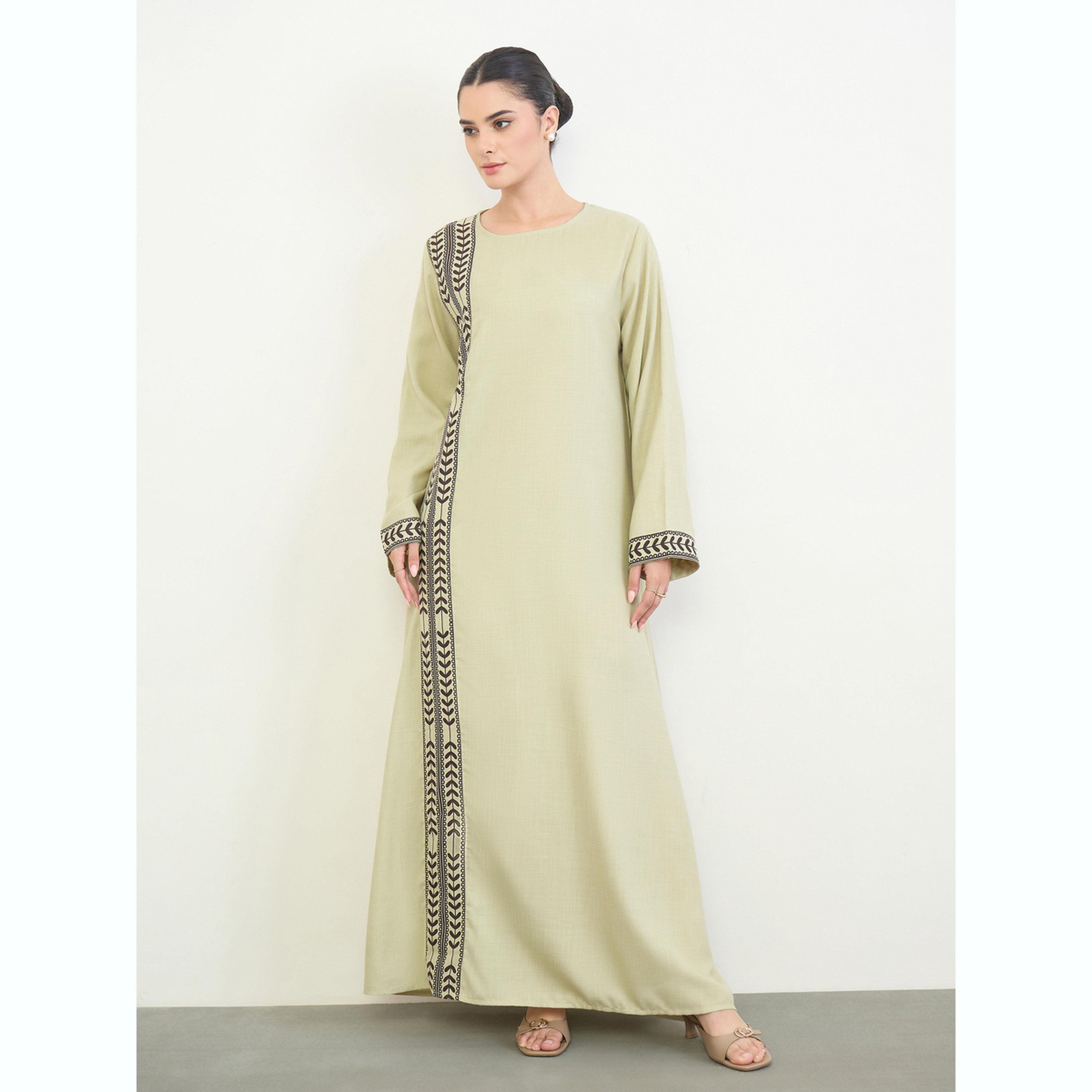 Amirah X Styli Green Printed Panel Long Sleeves Jalabiya-women-arabicclothing-jalabiyas-image-1