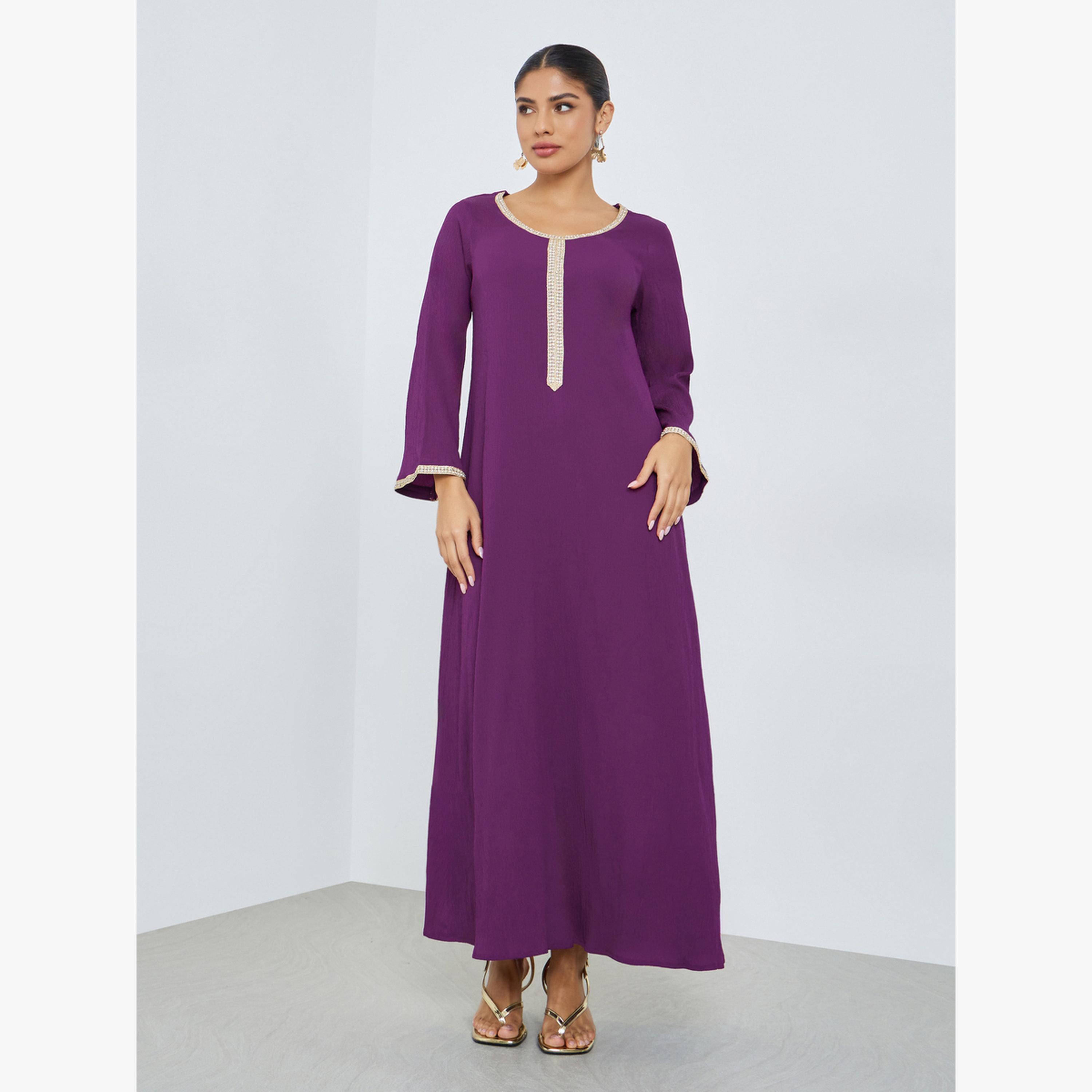 Styli Purple Lace Panel Textured Jalabiya-women-arabicclothing-jalabiyas-image-1