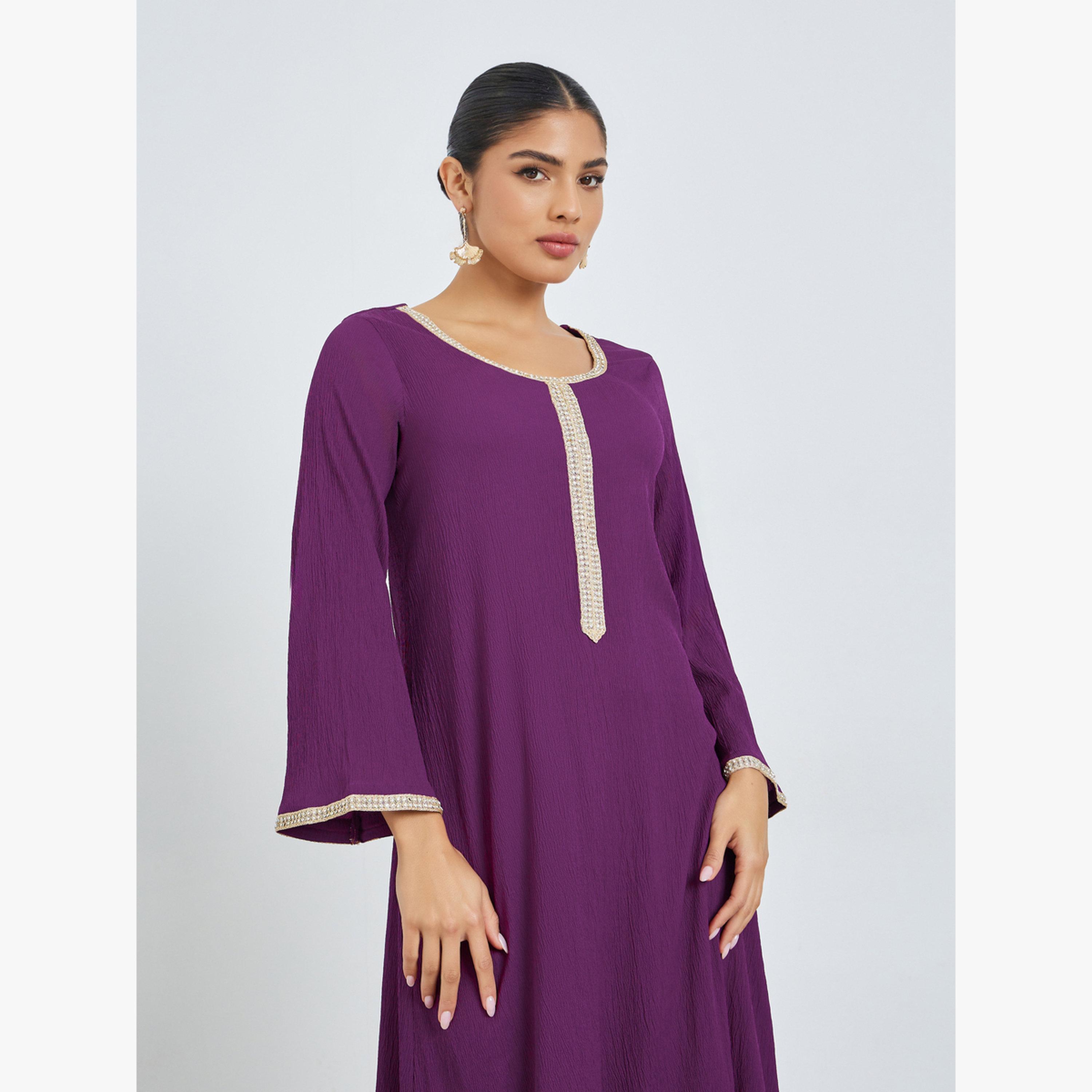 Styli Purple Lace Panel Textured Jalabiya-women-arabicclothing-jalabiyas-image-2
