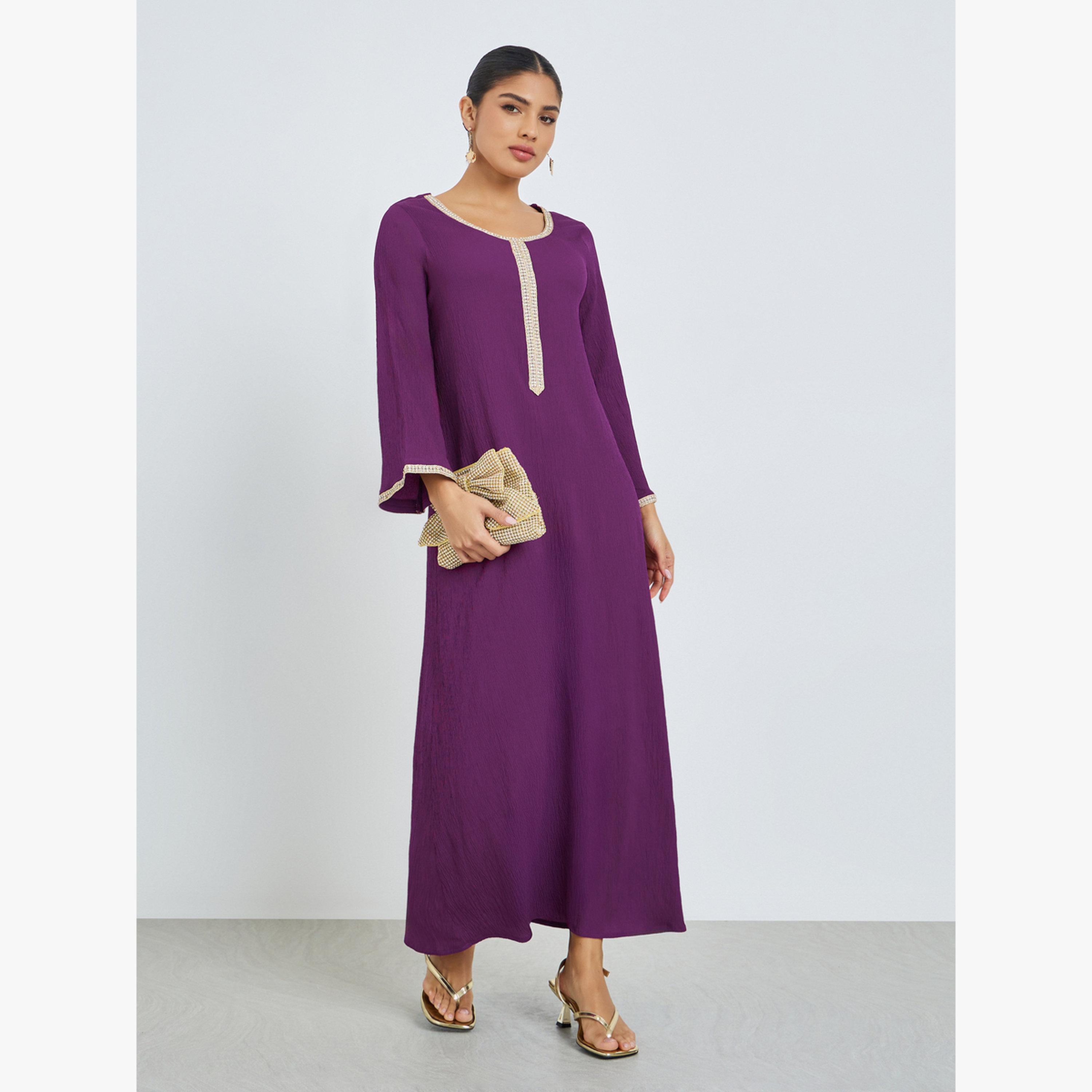 جلابية بملمس بارز وتفاصيل دانتيل-women-arabicclothing-jalabiyas-image-3