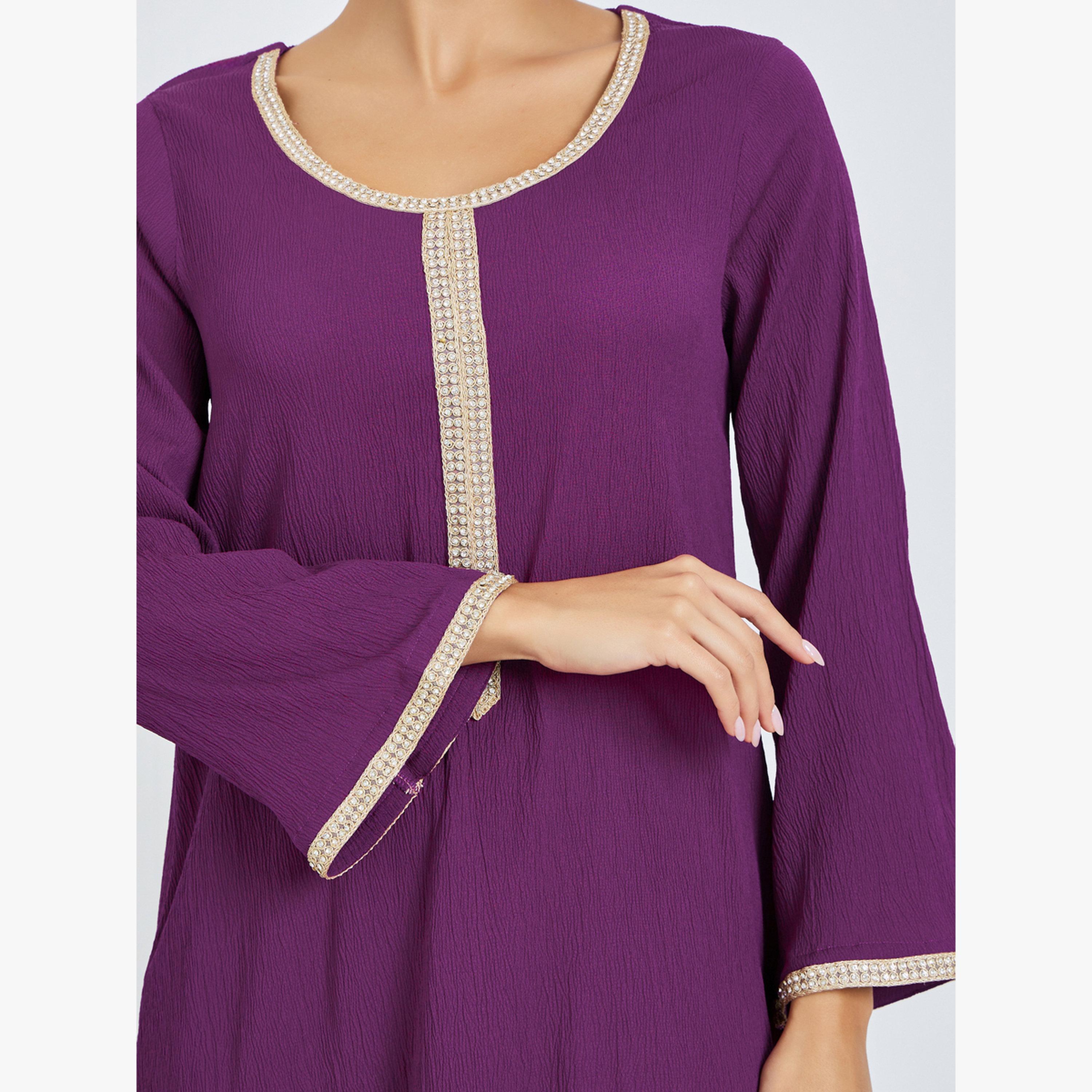 Styli Purple Lace Panel Textured Jalabiya-women-arabicclothing-jalabiyas-image-5