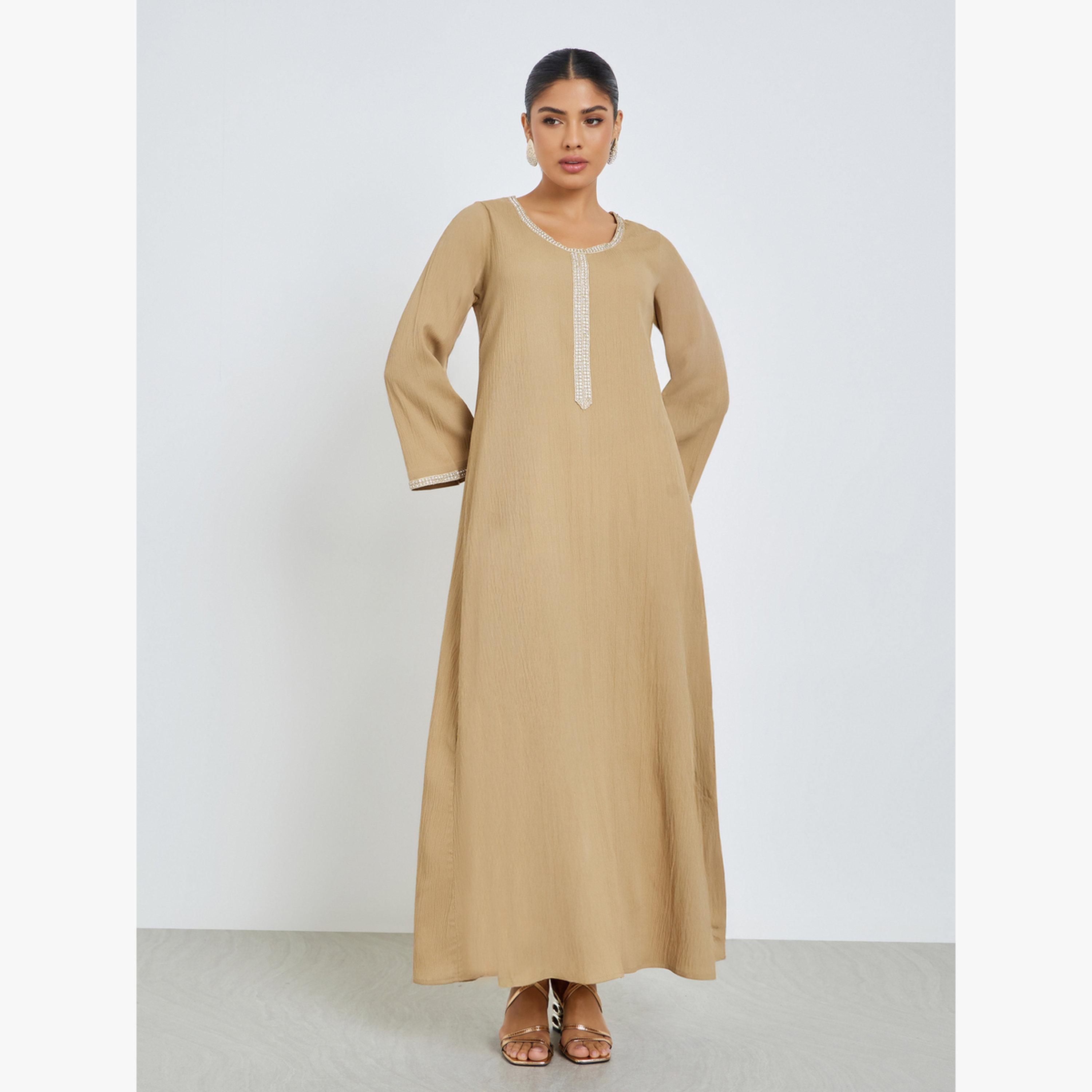 Styli Beige Lace Panel Textured Jalabiya-women-arabicclothing-jalabiyas-image-1