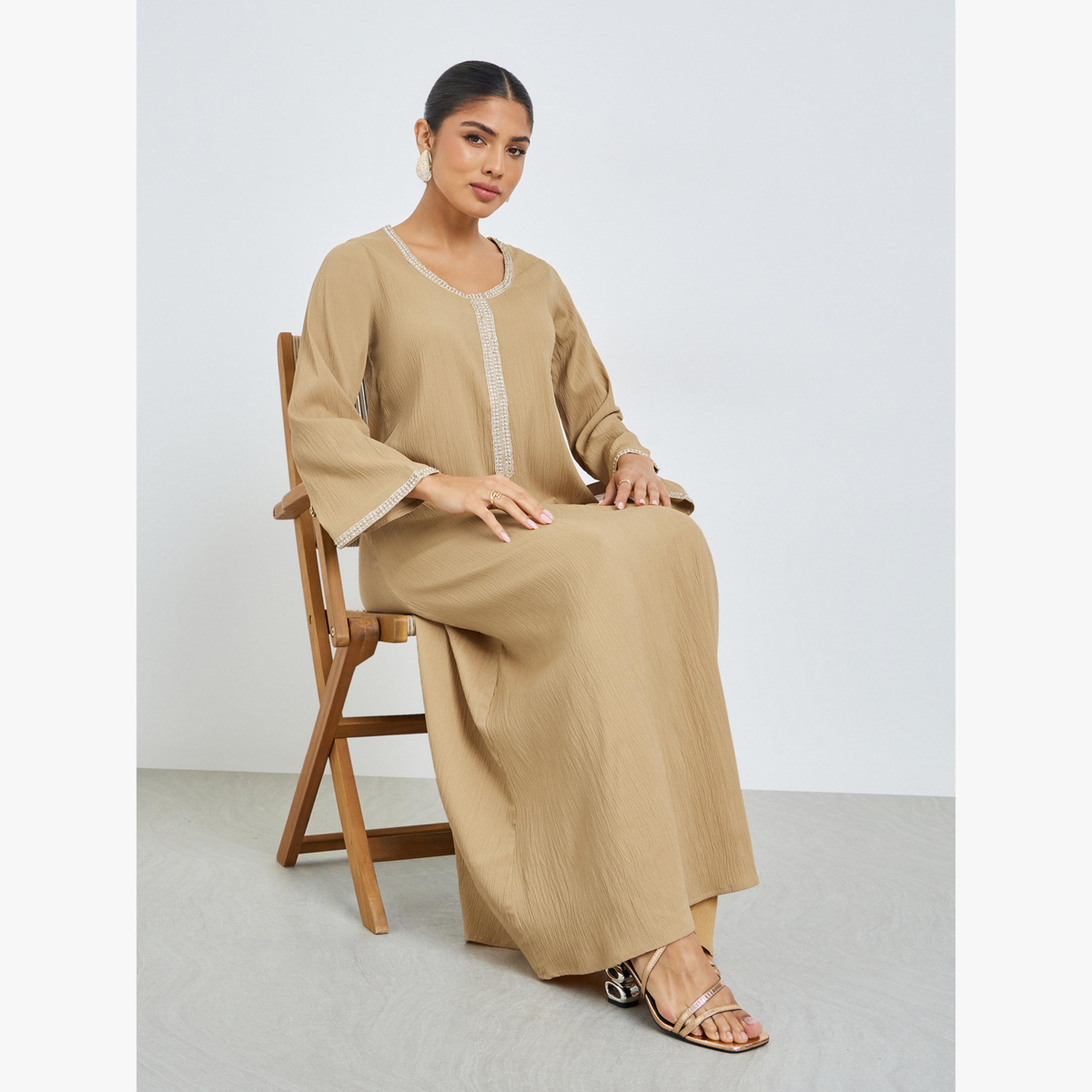 Styli Beige Lace Panel Textured Jalabiya-women-arabicclothing-jalabiyas-image-2