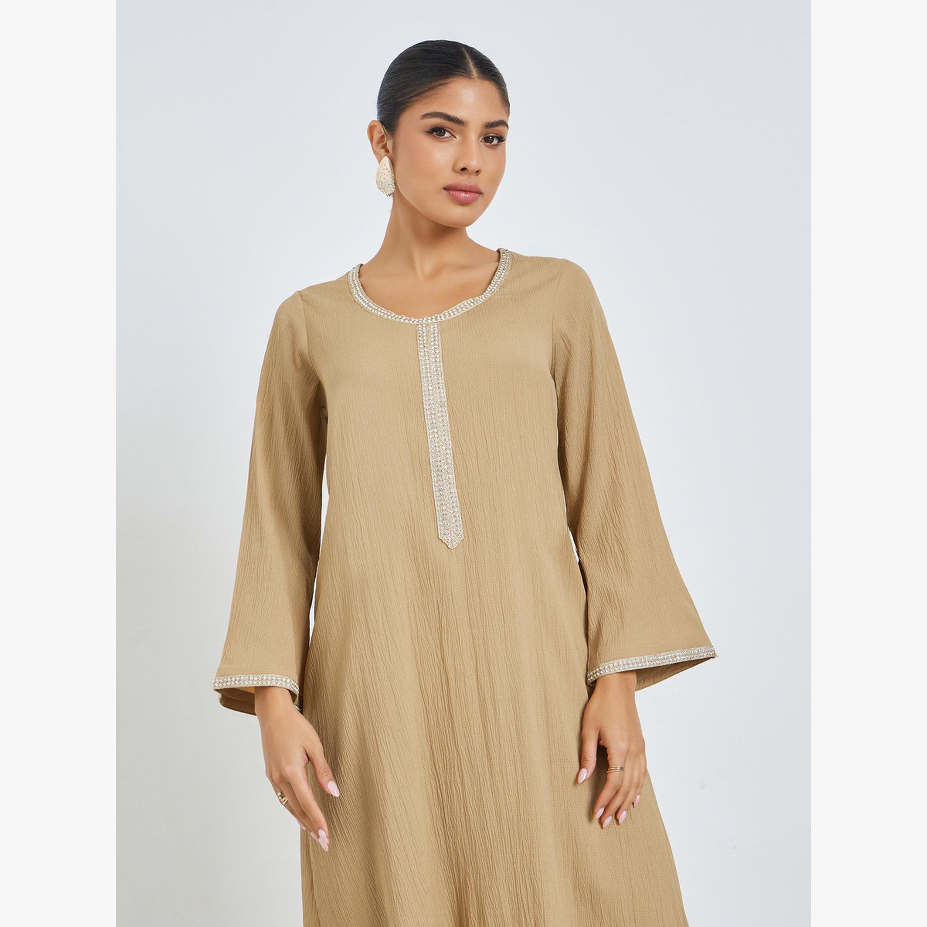 Styli Beige Lace Panel Textured Jalabiya-women-arabicclothing-jalabiyas-image-3