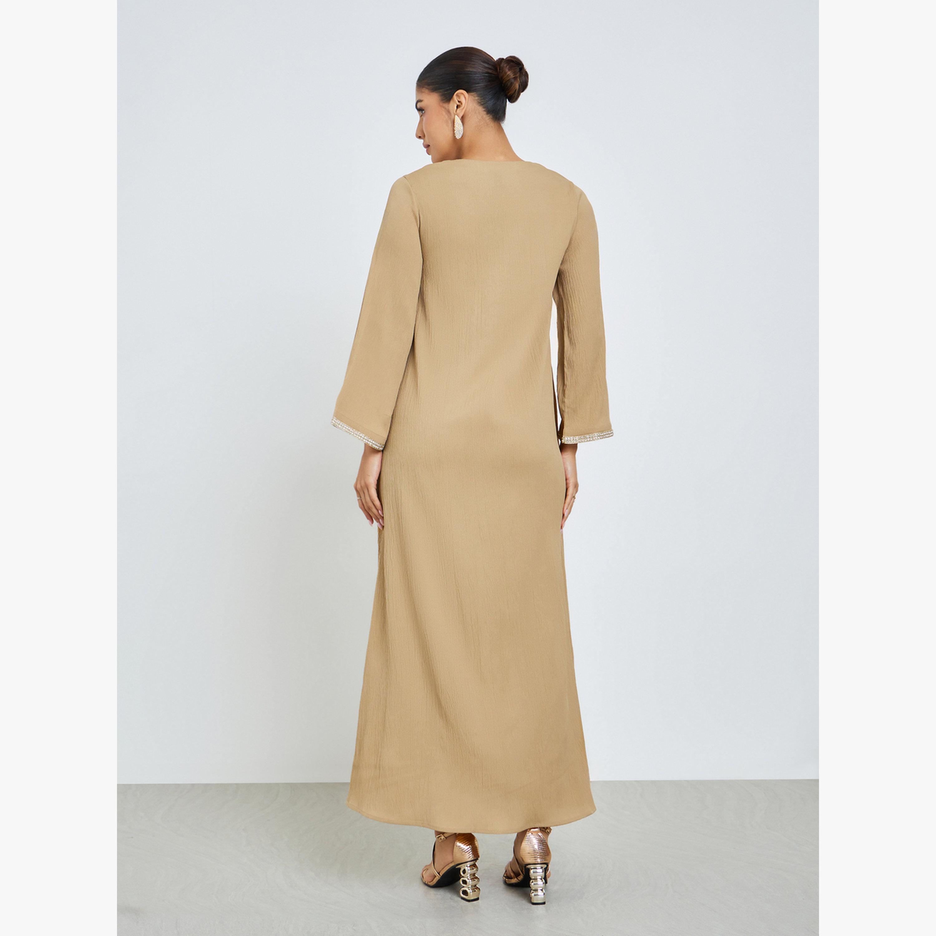 Styli Beige Lace Panel Textured Jalabiya-women-arabicclothing-jalabiyas-image-5