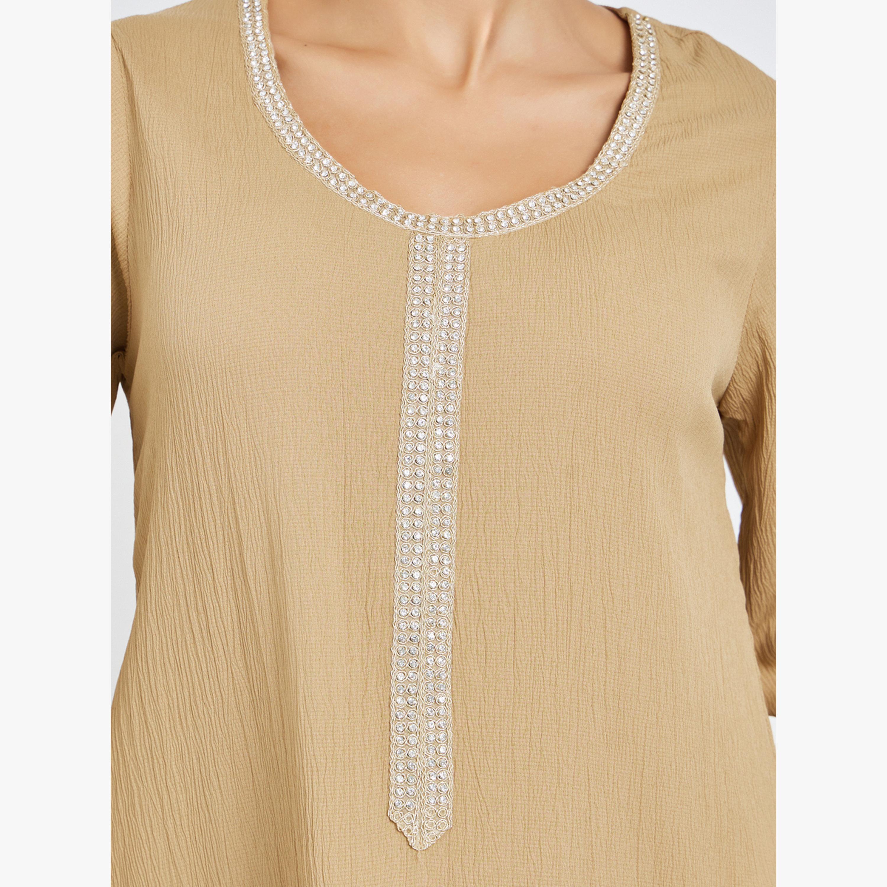 Styli Beige Lace Panel Textured Jalabiya-women-arabicclothing-jalabiyas-image-6