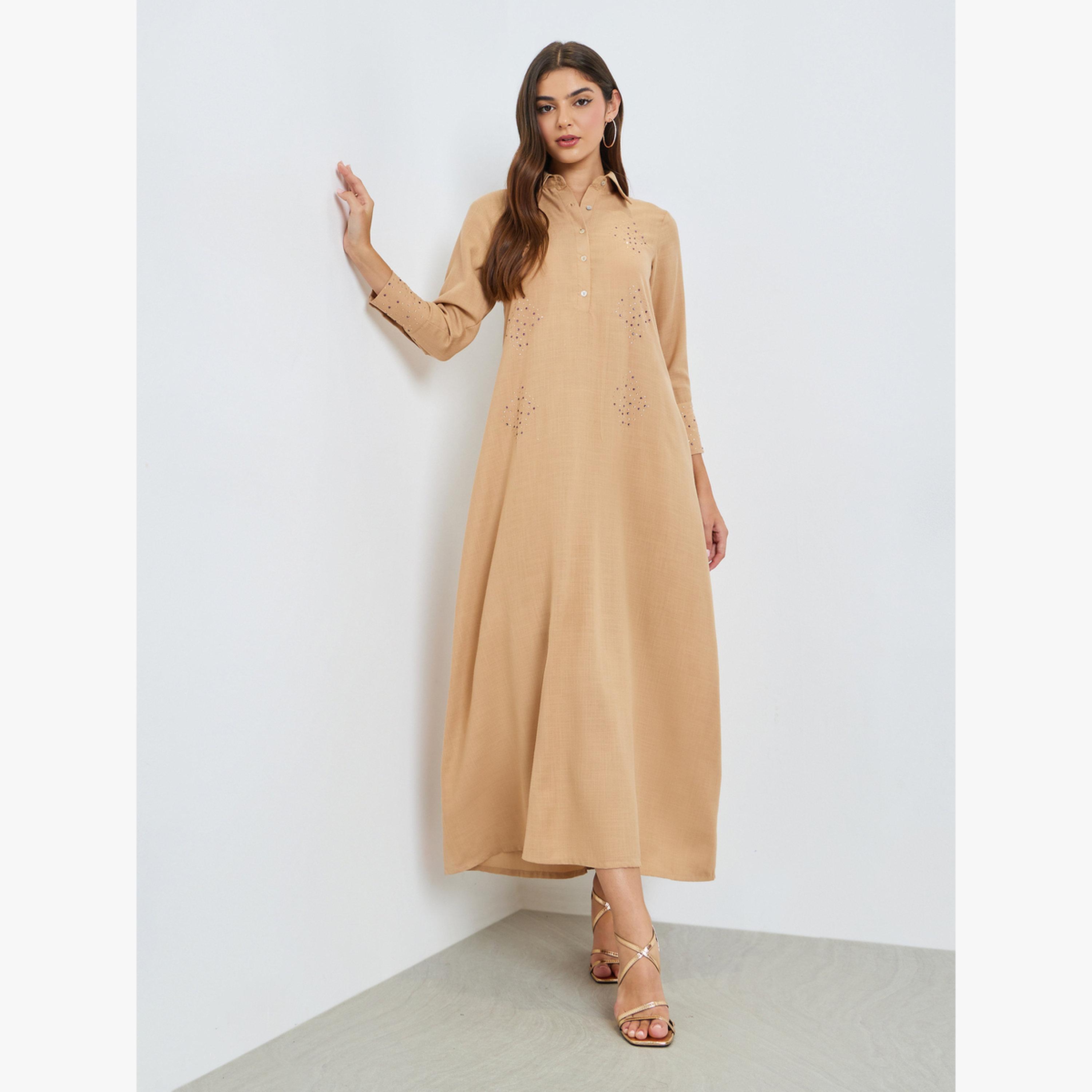 Amirah X Styli Beige Embellished Jalabiya with Half Placket-women-arabicclothing-jalabiyas-image-1