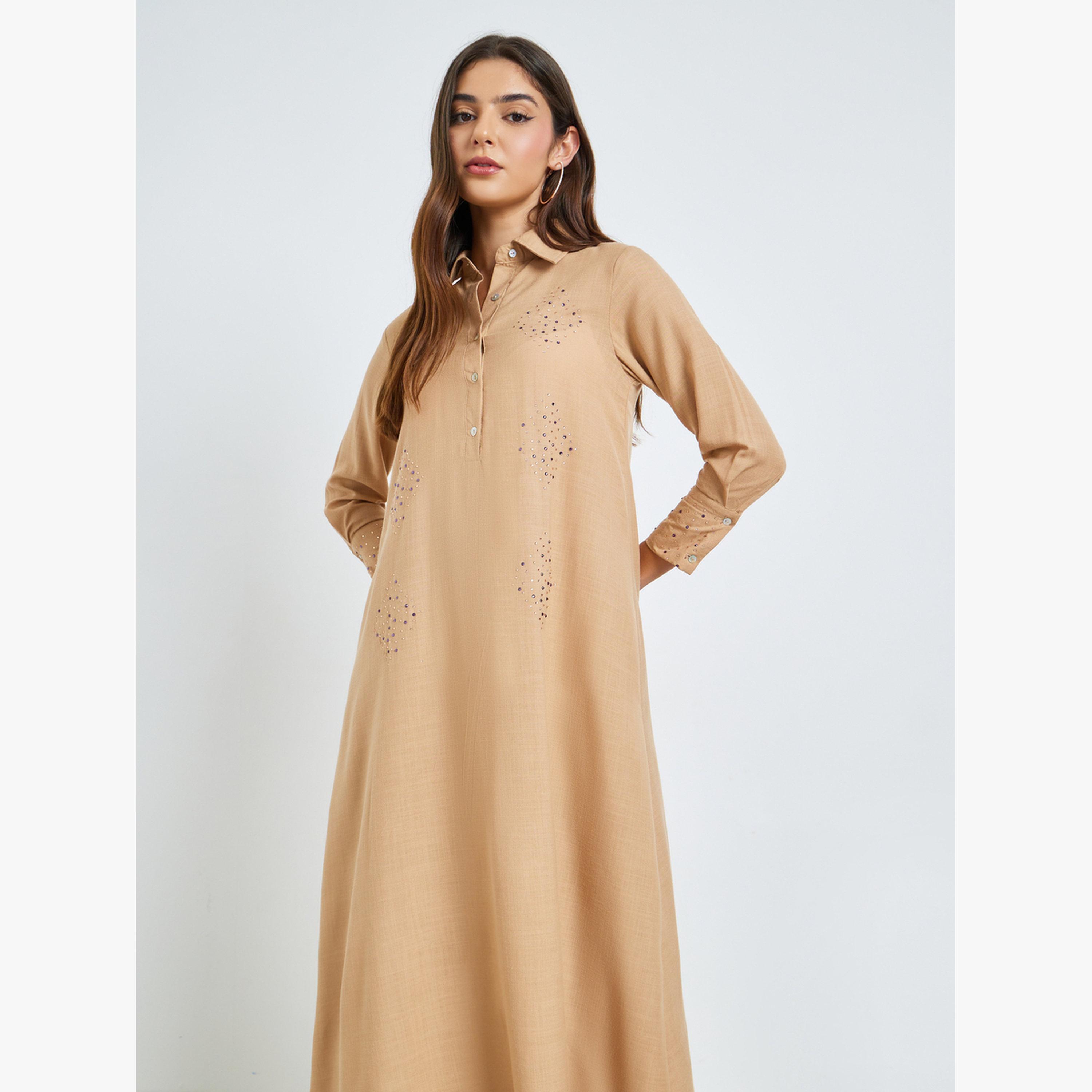 Amirah X Styli Beige Embellished Jalabiya with Half Placket-women-arabicclothing-jalabiyas-image-2