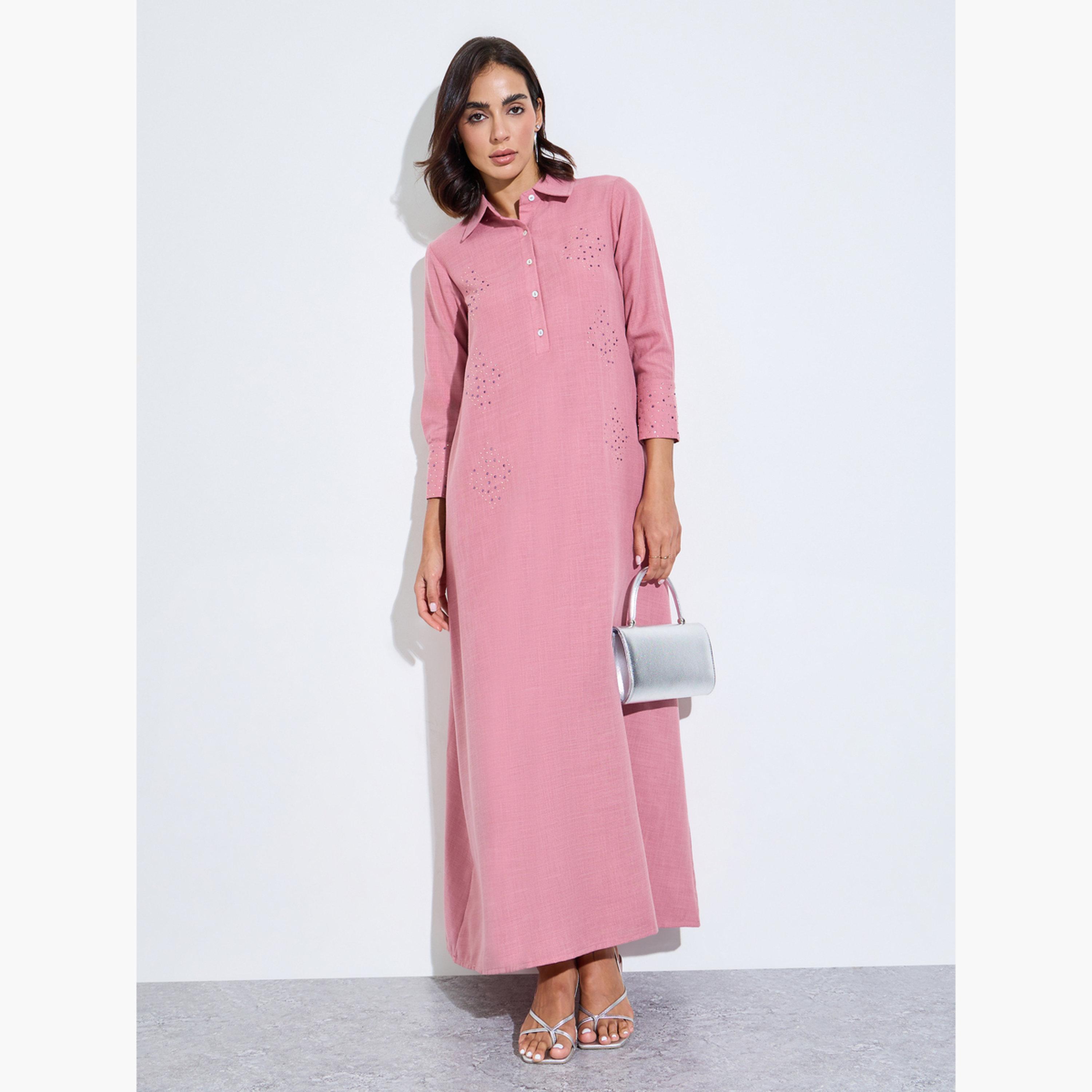 Amirah X Styli Pink Embellished Jalabiya with Half Placket-women-arabicclothing-jalabiyas-image-1
