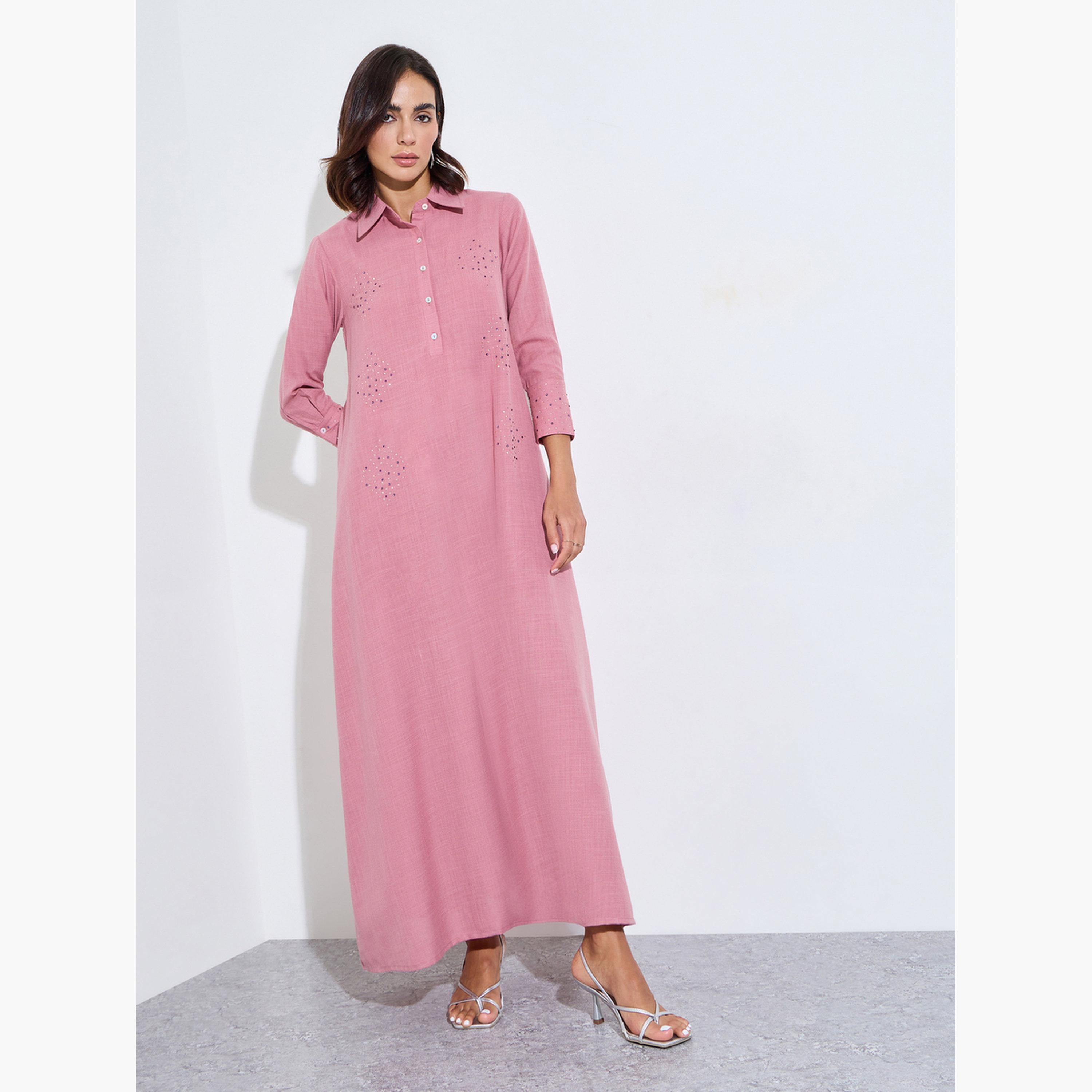 Amirah X Styli Pink Embellished Jalabiya with Half Placket-women-arabicclothing-jalabiyas-image-2