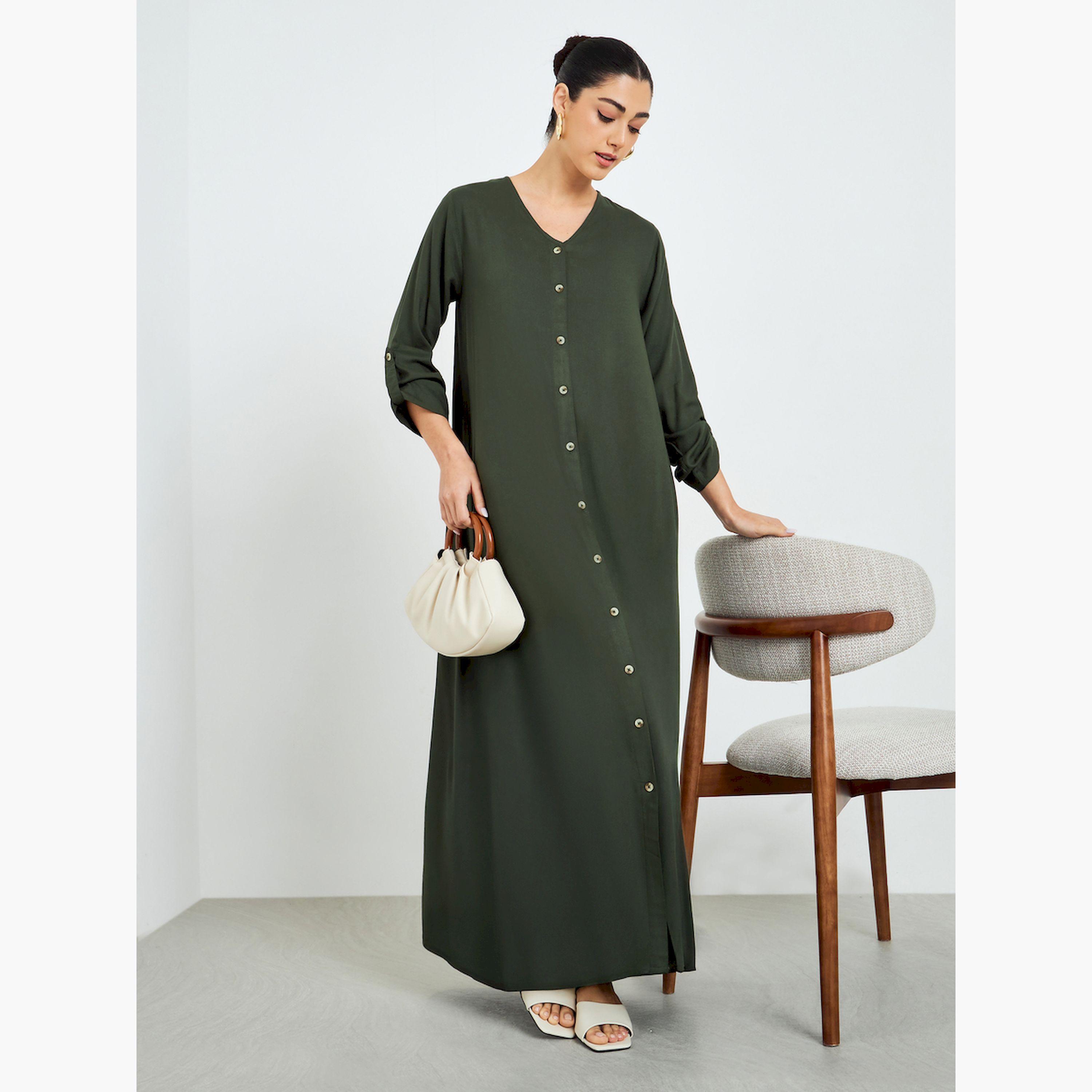 Styli Olive Buttoned Roll-Up Sleeve Jalabiya-women-arabicclothing-jalabiyas-image-1