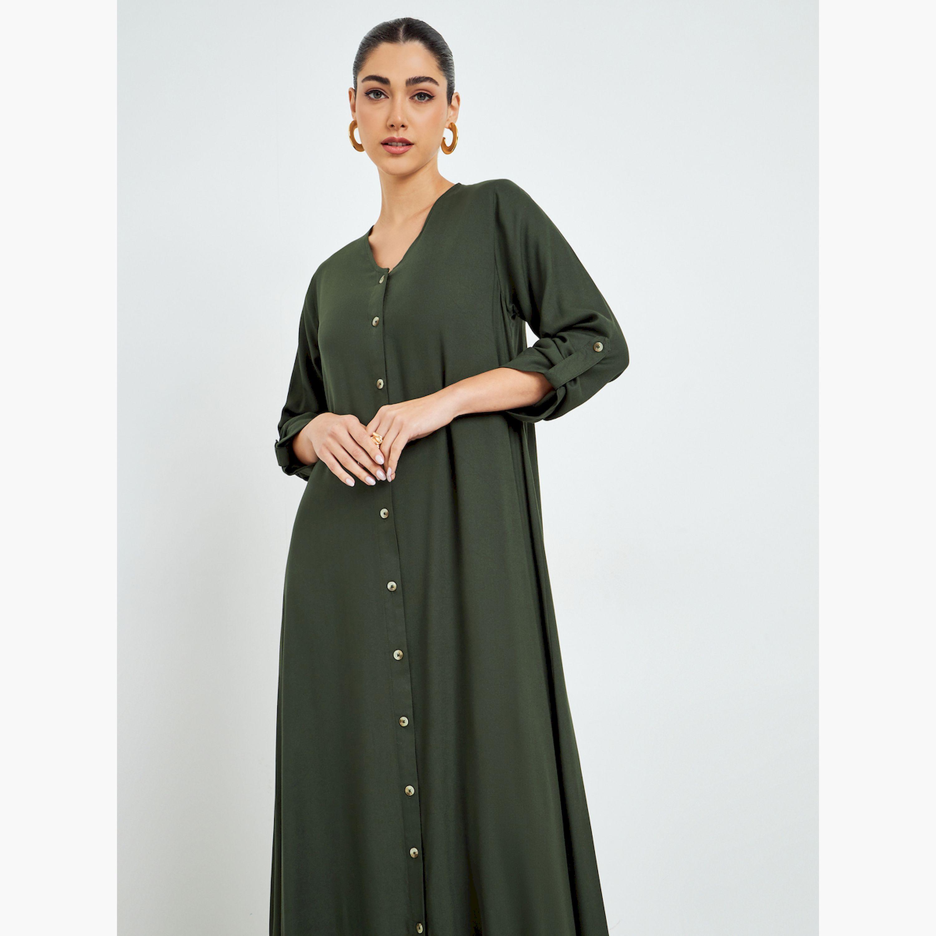 Styli Olive Buttoned Roll-Up Sleeve Jalabiya-women-arabicclothing-jalabiyas-image-2