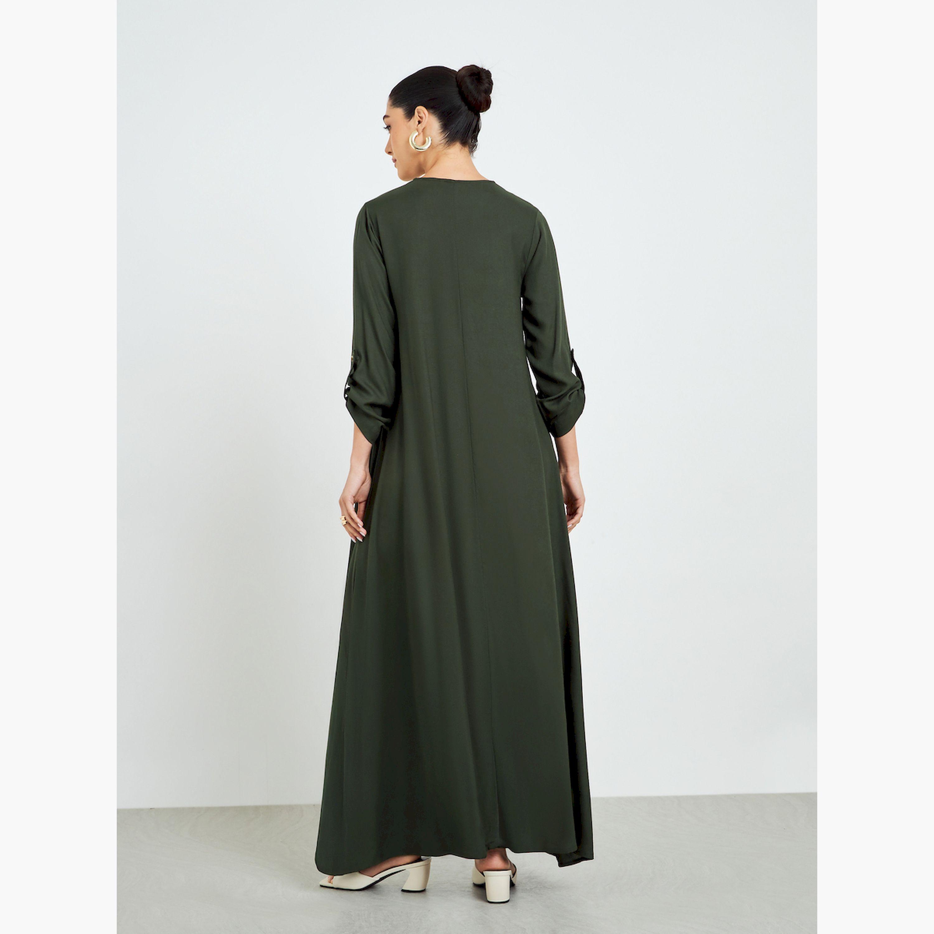 Styli Olive Buttoned Roll-Up Sleeve Jalabiya-women-arabicclothing-jalabiyas-image-4